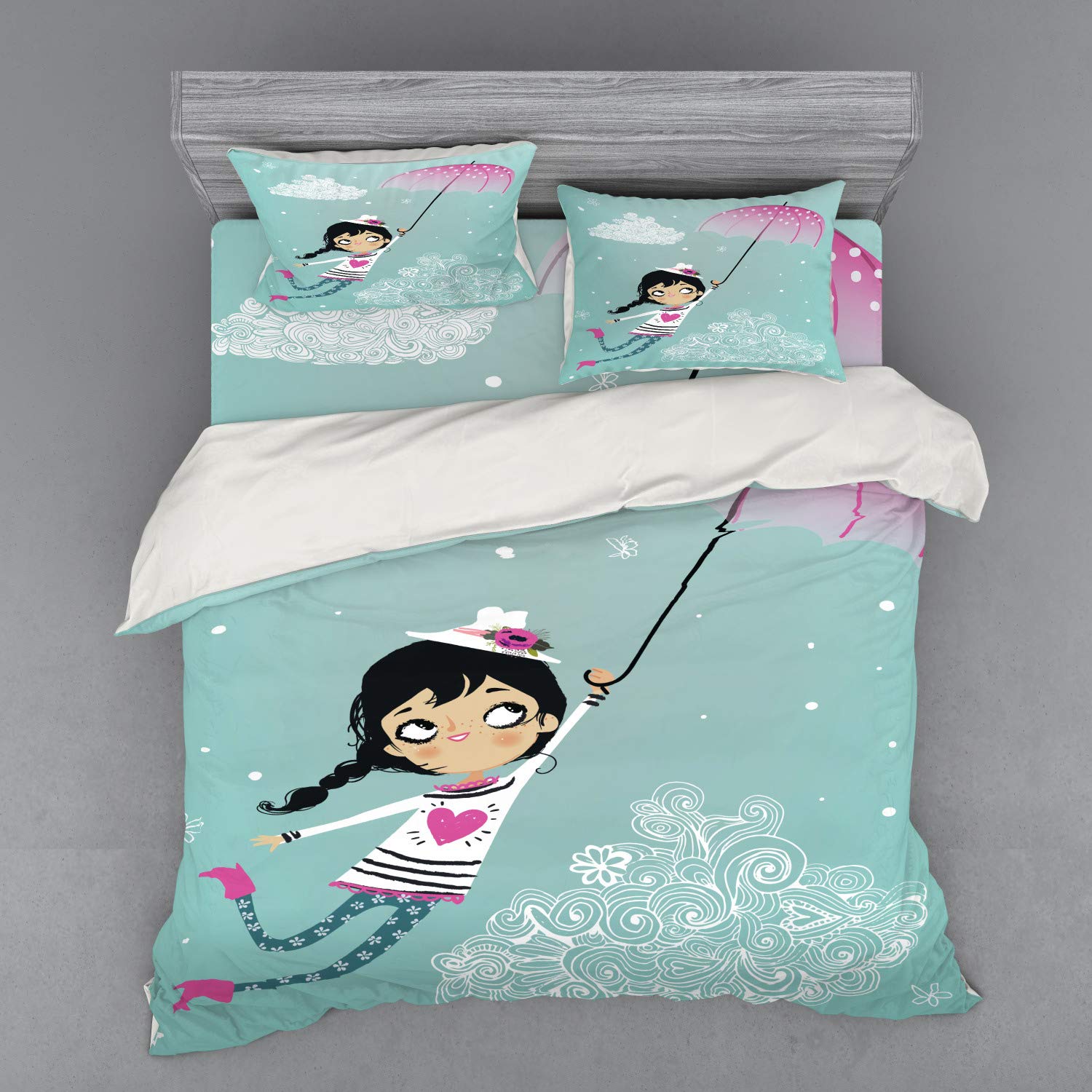 Ambesonne Retro Duvet Cover Set - King Size 4-Piece Bedding with Flying Girl, Pink Umbrella & Floral Hat Doodle Design, Curly Cloud Motifs, Includes Shams & Fitted Sheet - Perfect for Bohemian Bedroom Decor & Vintage Style Home