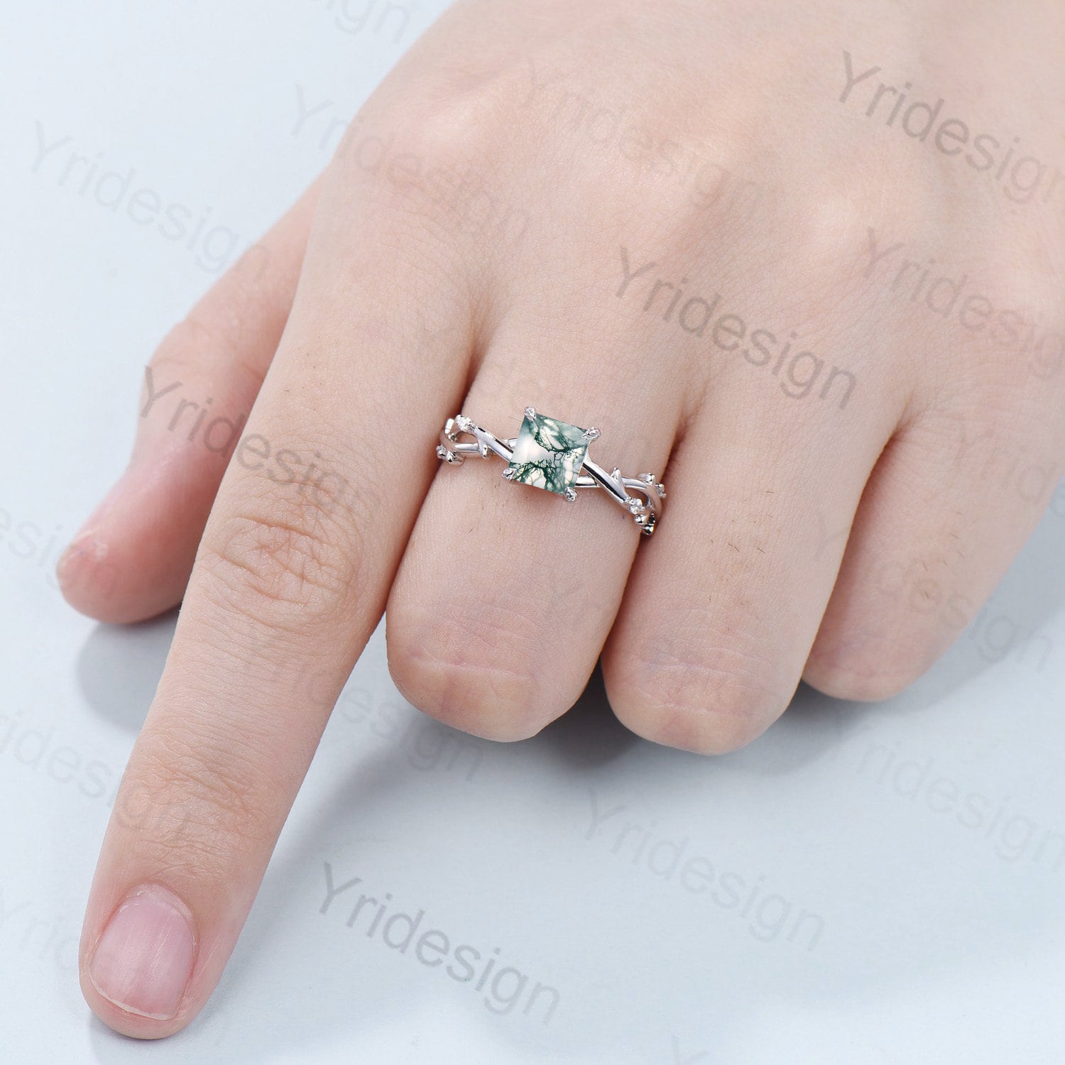 2CT Princess Cut Moss Agate Ring - Twig Branch Green Crystal Engagement Ring - Vintage Unique Leaves Design - Natural Inspired Wedding Ring - Gift for Her - Perfect for Proposals, Anniversaries & Special Occasions