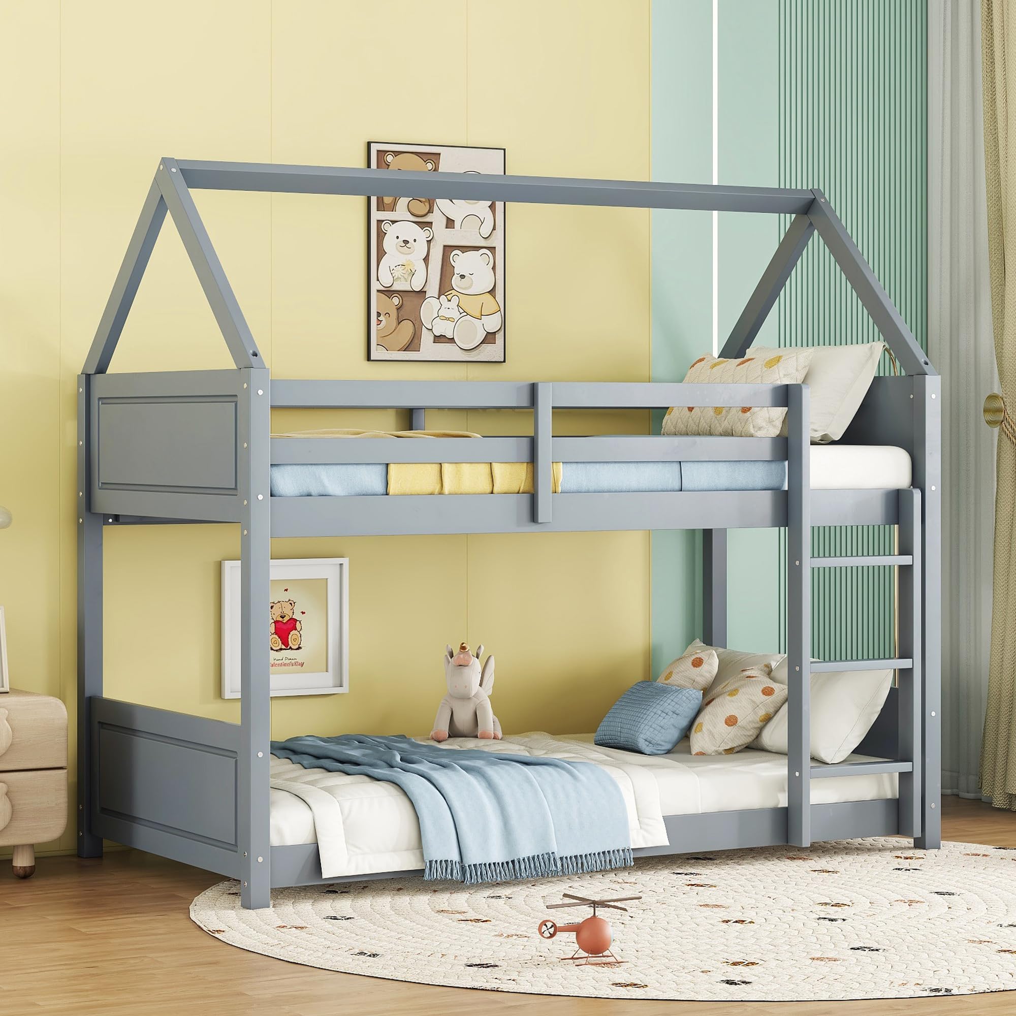 LZ LEISURE ZONE Twin Over Twin Bunk Bed with Guardrails & Ladder - Space-Saving Kids Bedroom Furniture, Light Gray - Perfect for Small Rooms, Shared Kids' Bedrooms & Sleepovers
