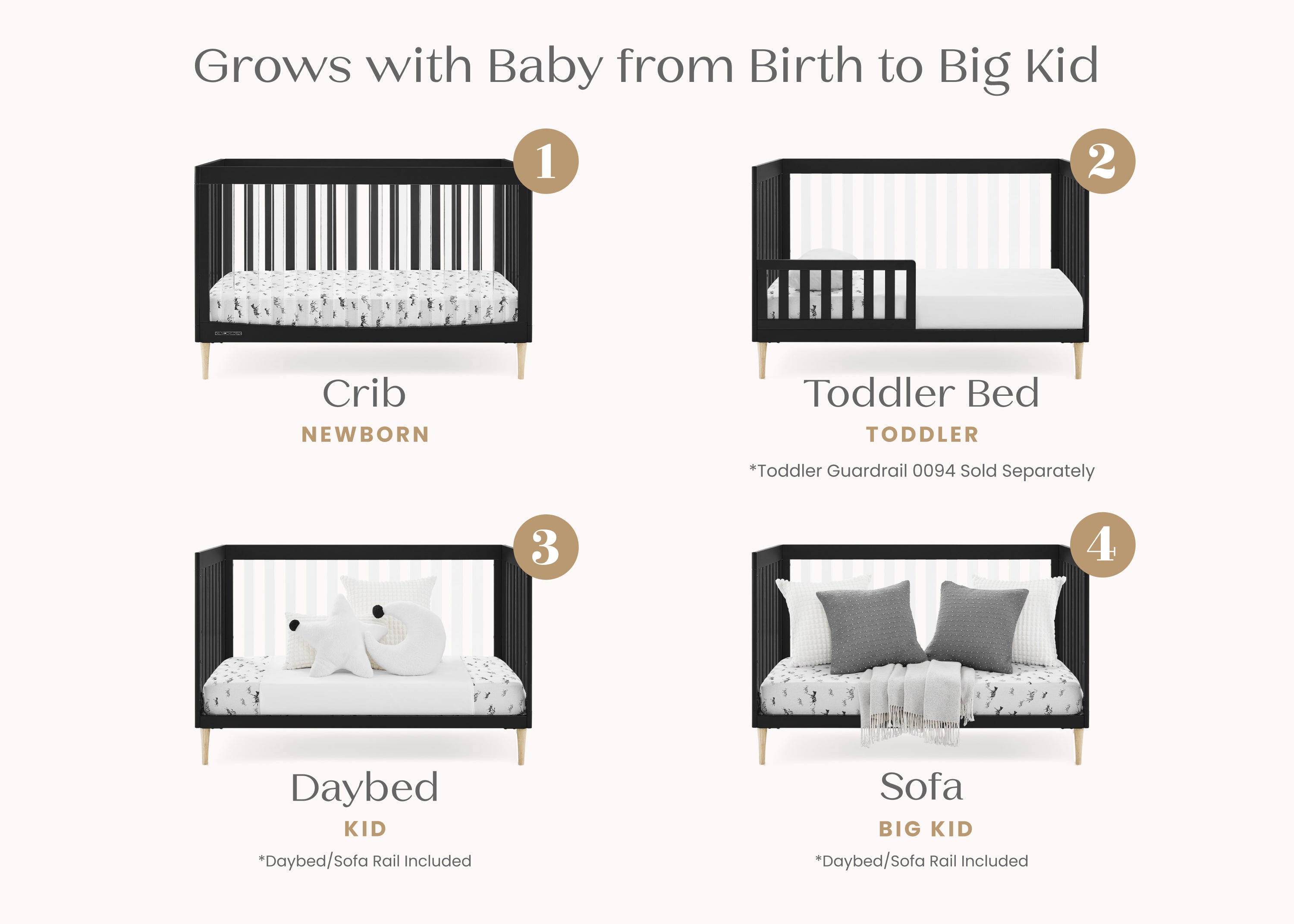 Austin Acrylic 4-in-1 Convertible Baby Crib - Toddler Bed, Daybed & Full-Size Bed | Modern Nursery Furniture for Boys & Girls | Perfect for Small Spaces & Growing Families
