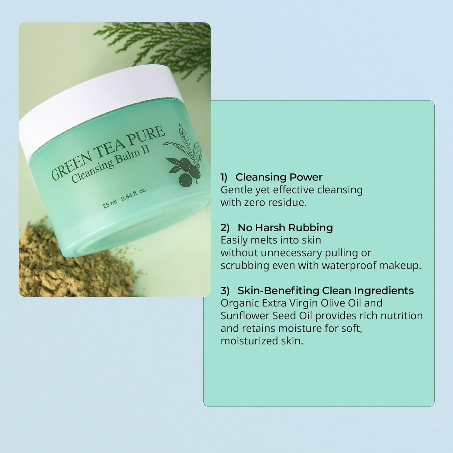 YADAH Green Tea Cleansing Balm II (0.84 fl oz) - Korean Vegan Makeup Remover for Sensitive Skin, Moisturizing Facial Cleanser with Botanical Oil Extract, Residue-Free | Perfect for Double Cleansing & Travel Skincare Routine