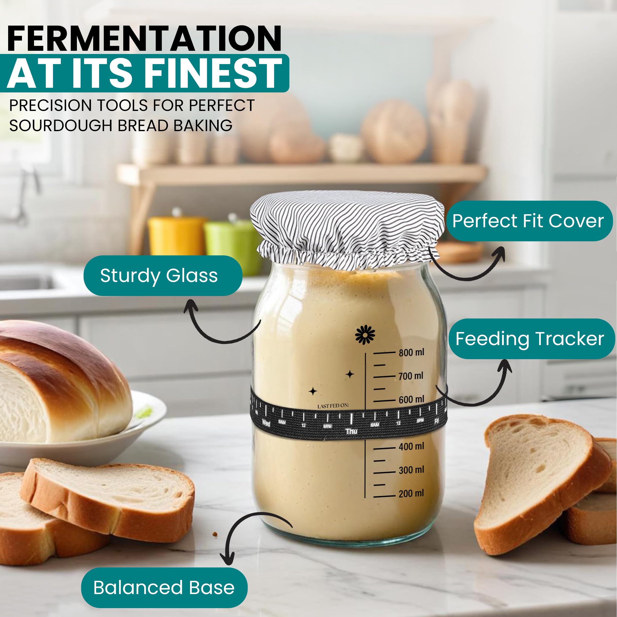 34 Oz Sourdough Starter Jar with Wooden & Aluminum Lid - Complete Sourdough Starter Kit Includes Spatula & Funnel - Wide Mouth Glass Jar for Homemade Bread Baking - Perfect for Beginners & Professional Bakers - Ideal for Kitchen, Gifts & Artisan Bread Making
