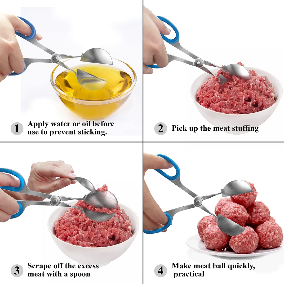 2-Pack Non-Stick Meatball Maker Tongs with Detachable Anti-Slip Handles - Stainless Steel Meatball Scoop Tool with Red & Blue Rubber Grips for Easy Homemade Meatballs, Meatball Soup & Italian Cooking