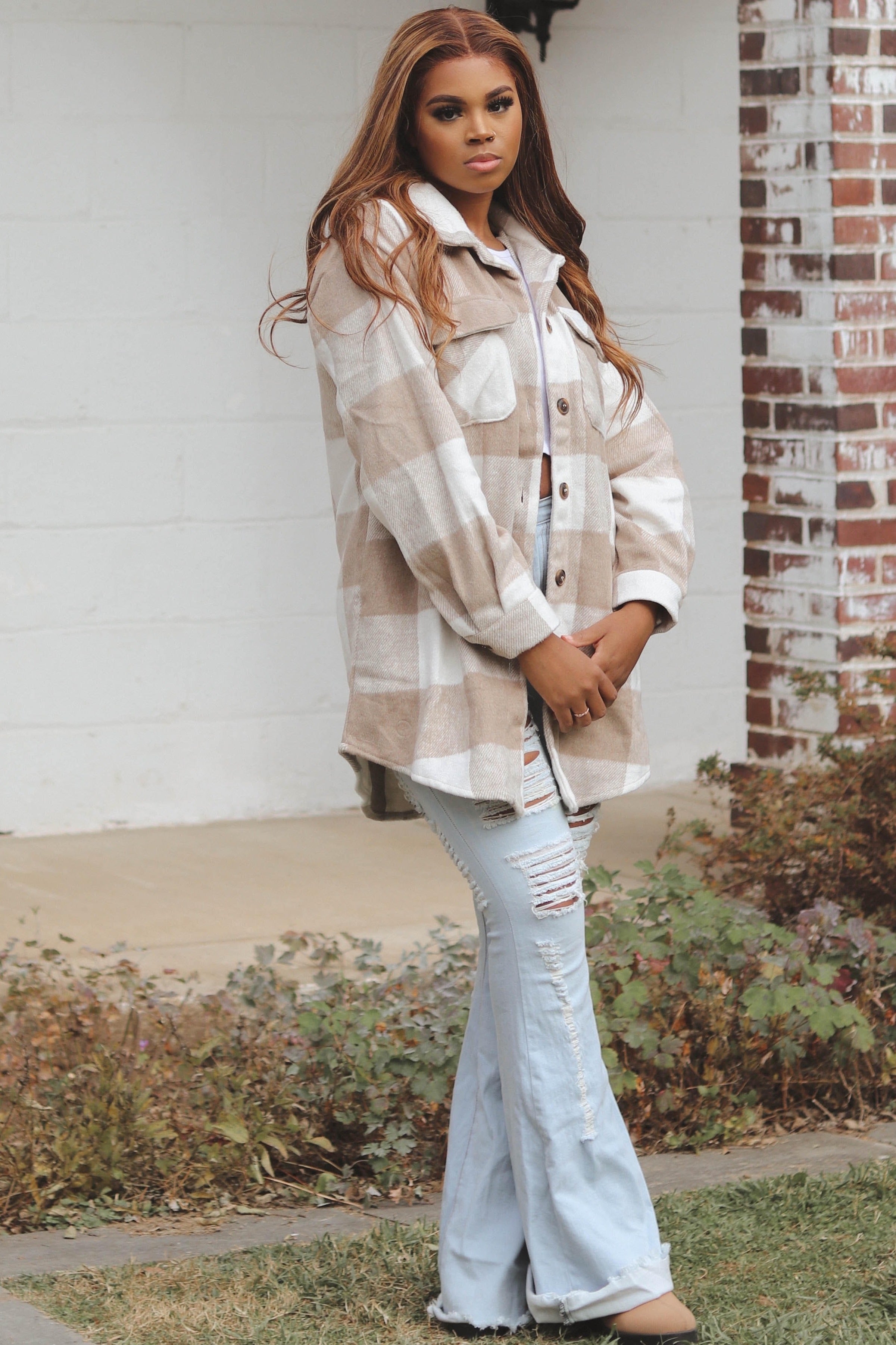 Soft Beige Plaid Brushed Long Shacket for Women - Cozy Oversized Button-Up Shirt Jacket for Fall & Winter Layering - Perfect for Casual Outfits, Workwear, and Outdoor Adventures