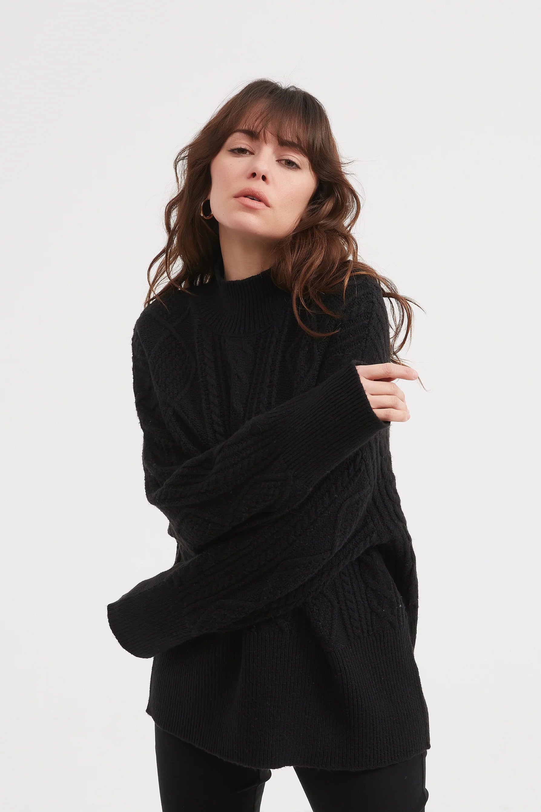 Classic Black Cable Knit Turtleneck Sweater for Women - Cozy Winter Pullover for Office, Casual & Holiday Outfits