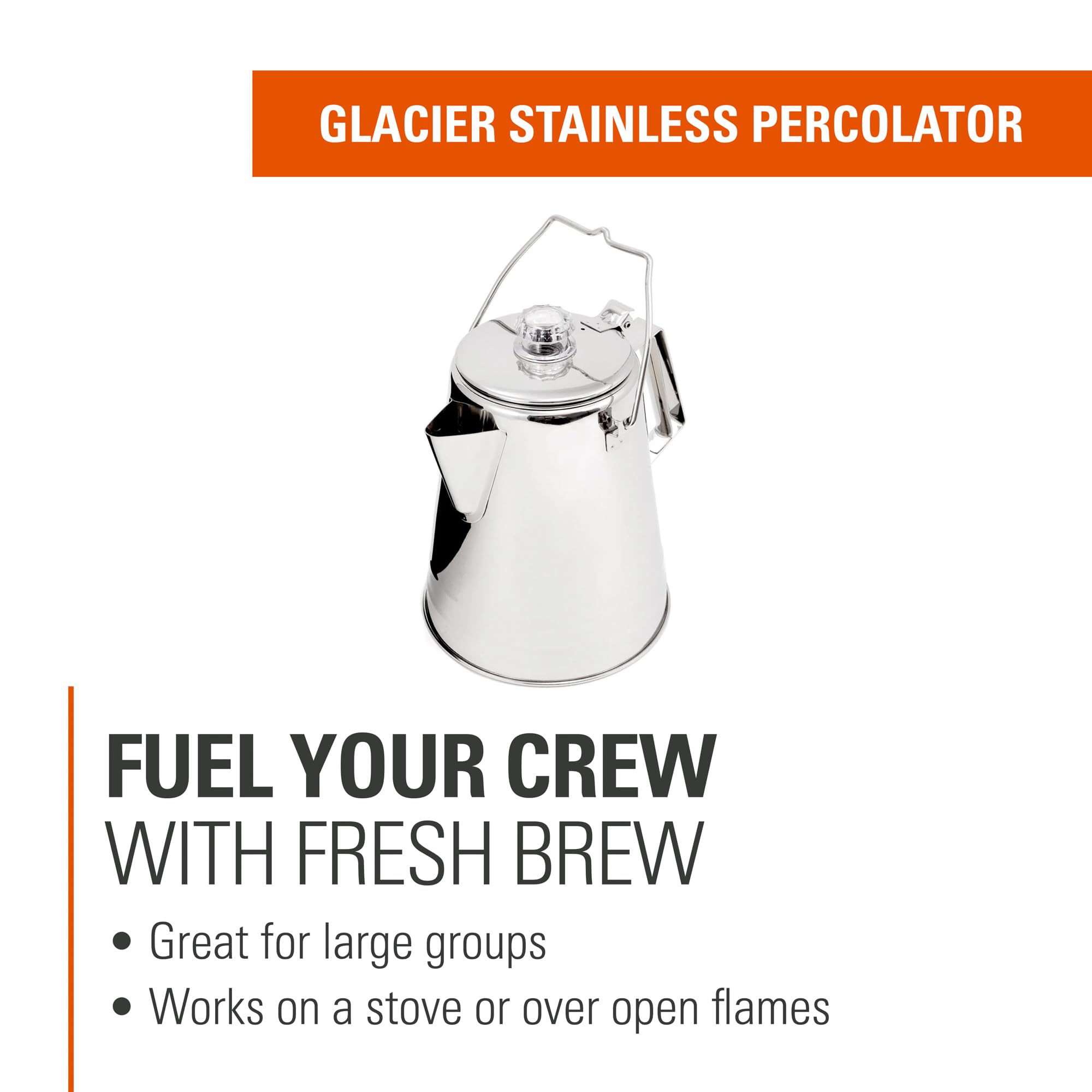 GSI Outdoors Percolator Coffee Pot - Glacier Stainless Steel, Ultra-Rugged Stovetop & Campfire Coffee Maker (28 Cup) | Perfect for Group Camping, Hiking Trips & Outdoor Adventures