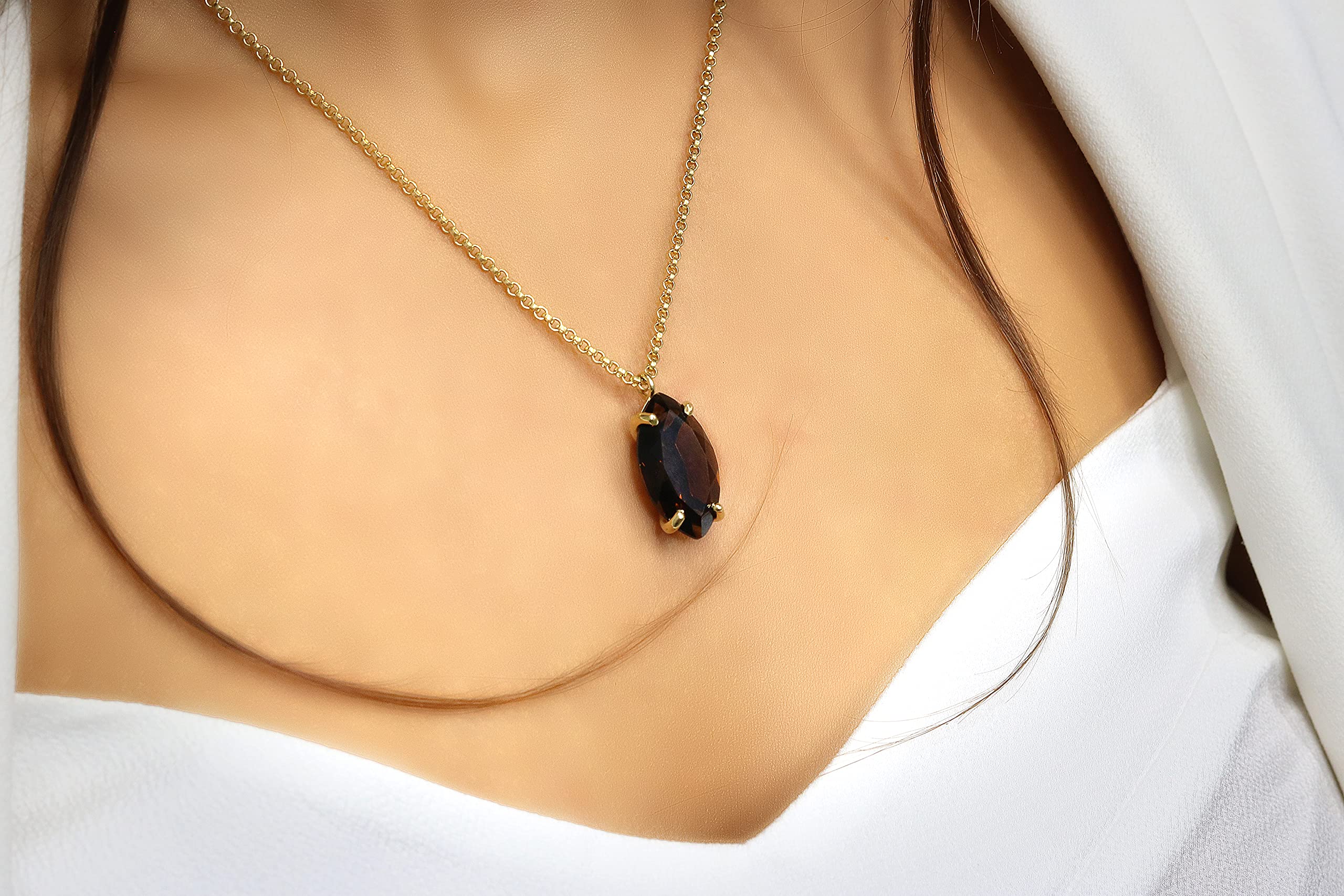 Elegant 14k Gold Marquise Smoky Quartz Necklace for Women - Wedding, Engagement, Graduation, Mother's Day & Birthday Gift - Custom Anemone Jewelry - Perfect for Special Occasions & Everyday Luxury