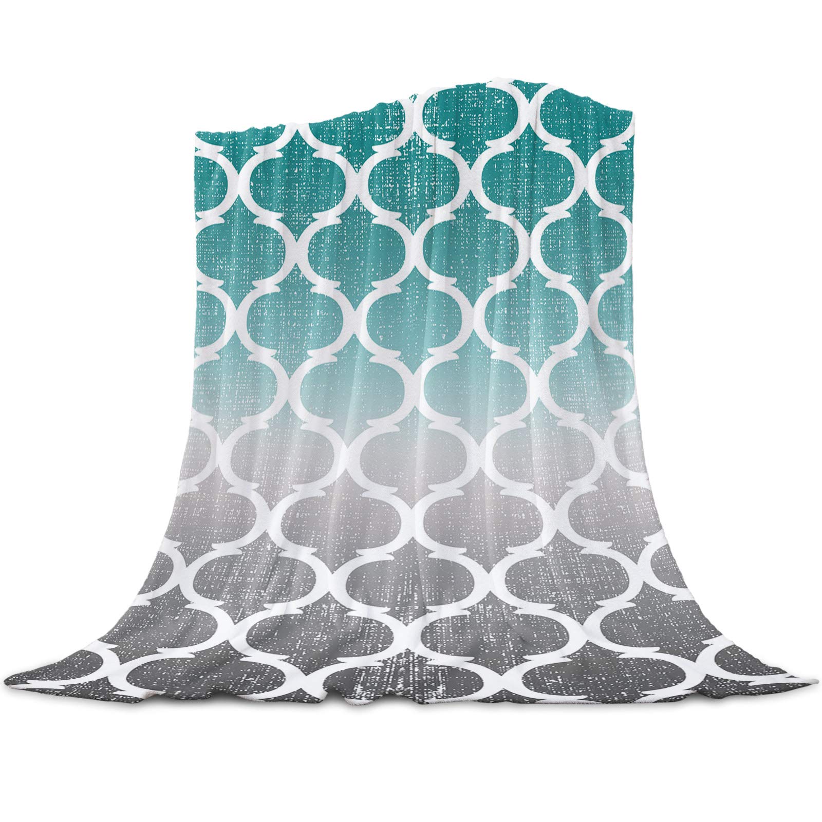 Soft Flannel Fleece Throw Blanket 60x80 Inches - Modern Ombre Turquoise Grey Moroccan Style Decorative Blanket for Bed, Couch, Sofa, Office & Camping - Cozy Abstract Design Home Decor Gift for Winter & Travel Use