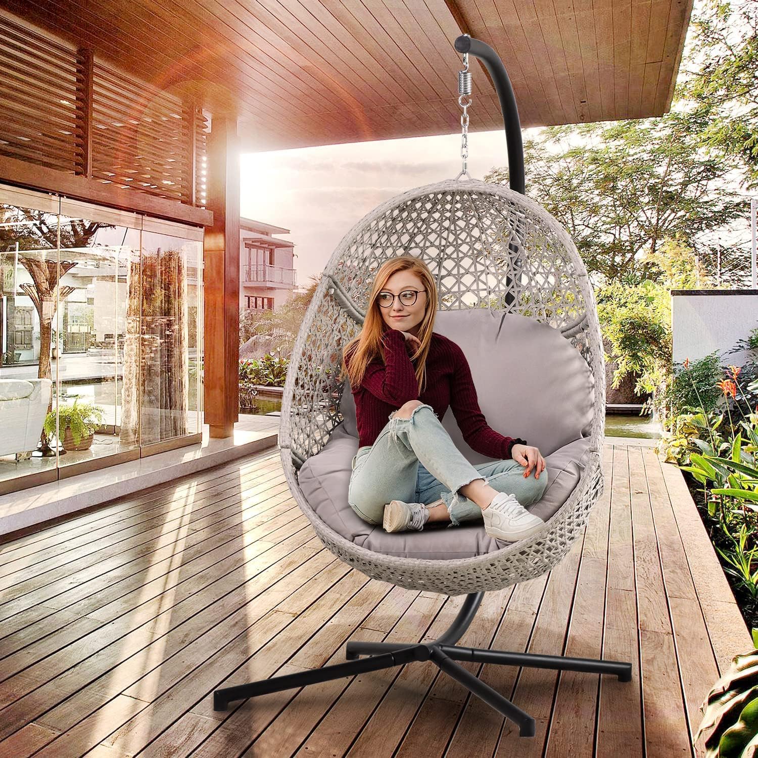 PE Rattan Hanging Egg Chair with Stand - 350LBS Capacity Wicker Swing Chair with Comfort Cushion for Indoor, Outdoor, Bedroom, Porch & Garden - Perfect for Relaxation, Reading & Lounging (Grey)