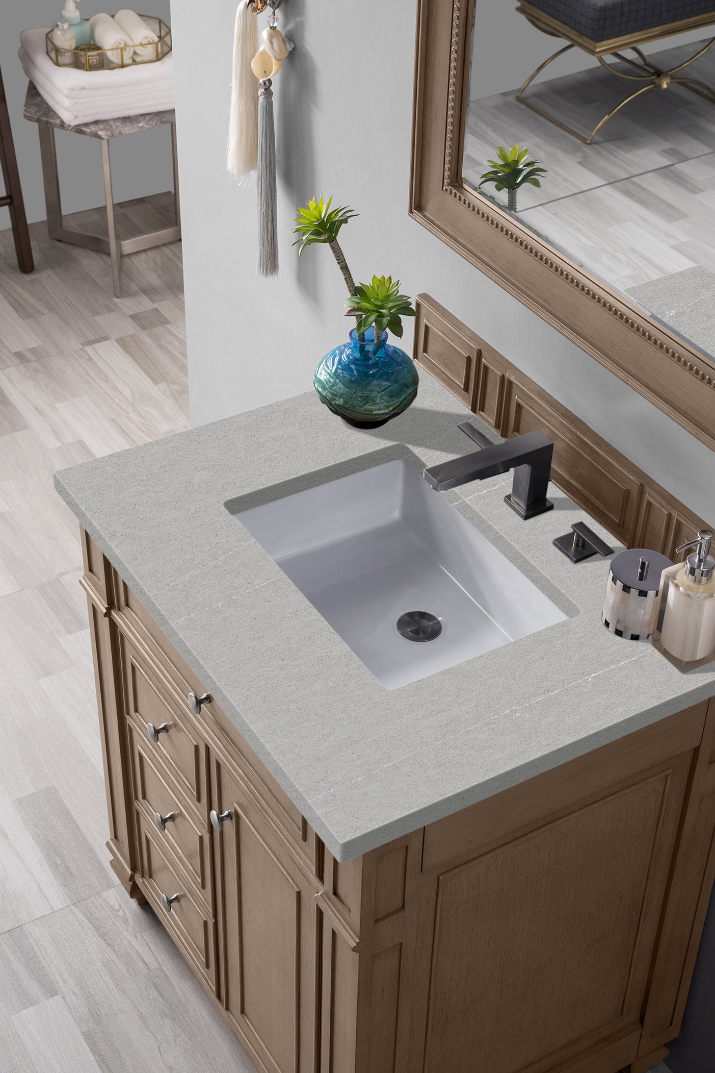 Bristol 30-Inch Single Bathroom Vanity Set with Whitewashed Walnut Finish & 3CM Eternal Serena Quartz Countertop - Perfect for Modern Farmhouse, Coastal, or Transitional Bathroom Designs