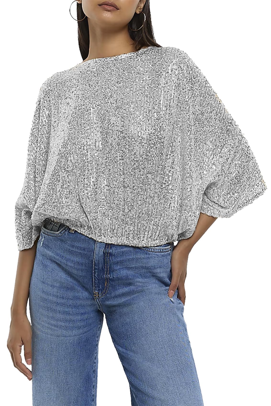 Sparkly Sequin Blouse for Women - 3/4 Sleeve Glitter Party Top for Club, Concert & Night Out | Elegant Disco Shirt for Dancing, Date Night & Special Occasions