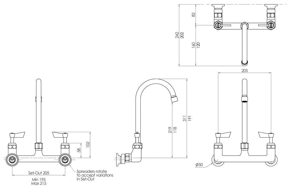 3Monkeez Stainless Steel Exposed Wall Mount Faucet with 12