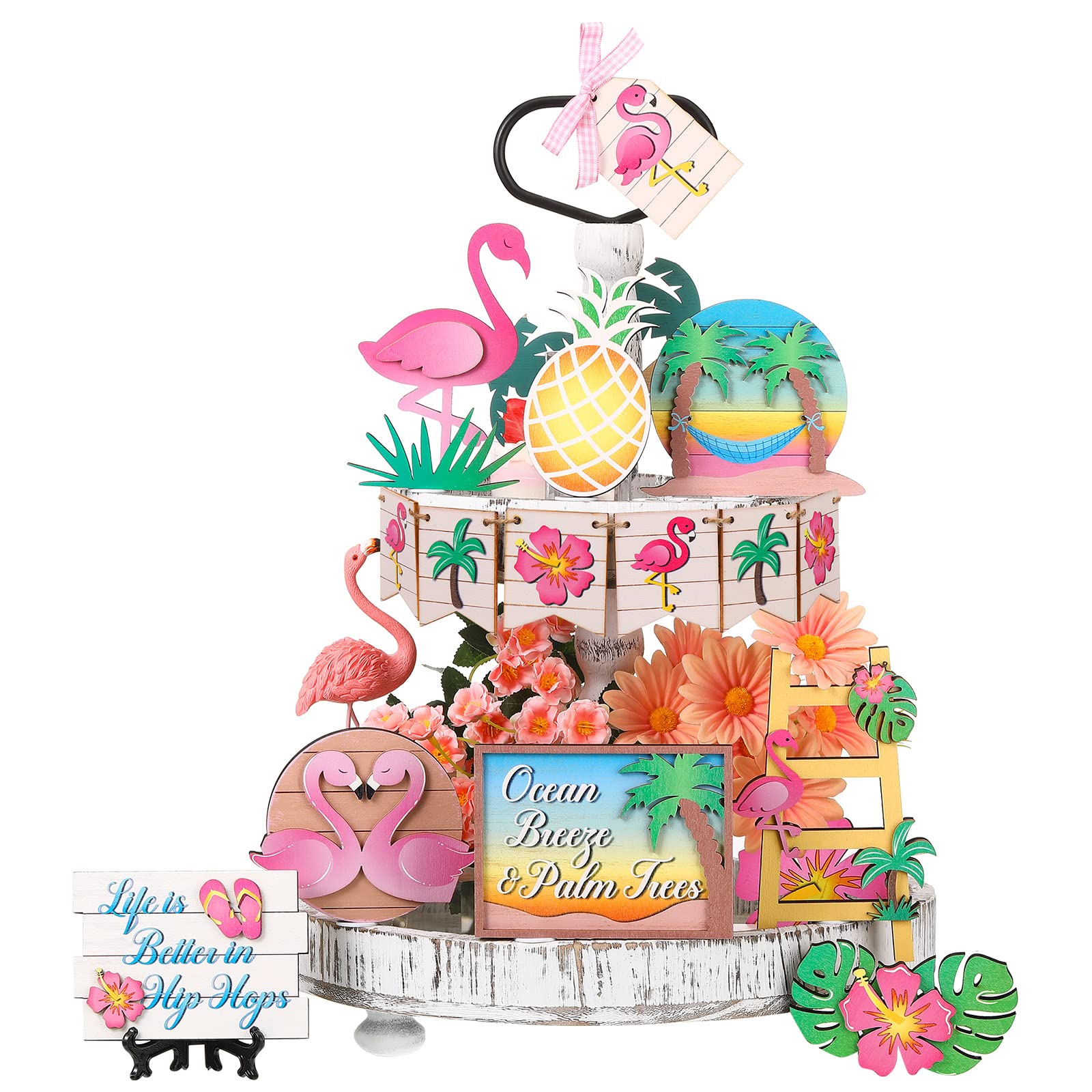 Kajaia Farmhouse Tiered Tray Decor Set - Rustic Wooden Signs with 'Sweet Home' Engraving - Flamingo-Themed Tabletop Decor for Kitchen, Living Room & Entryway