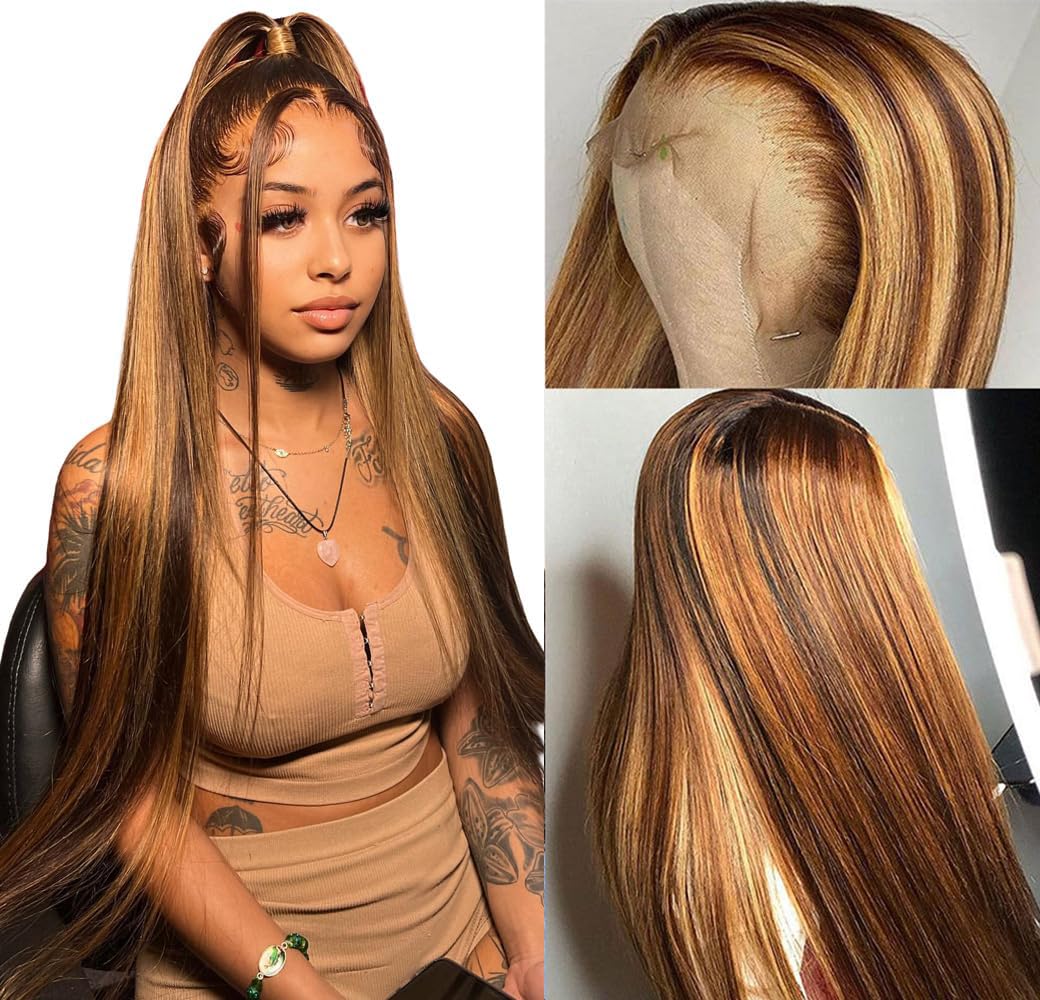 13x4 Highlight Straight 4/27 Ombre HD Transparent Lace Front Wig - 200% Density Brazilian Human Hair with Baby Hair for Black Women (24inch, 4/27-Straight) | Pre-Plucked Natural Look for Daily Wear, Parties & Special Occasions
