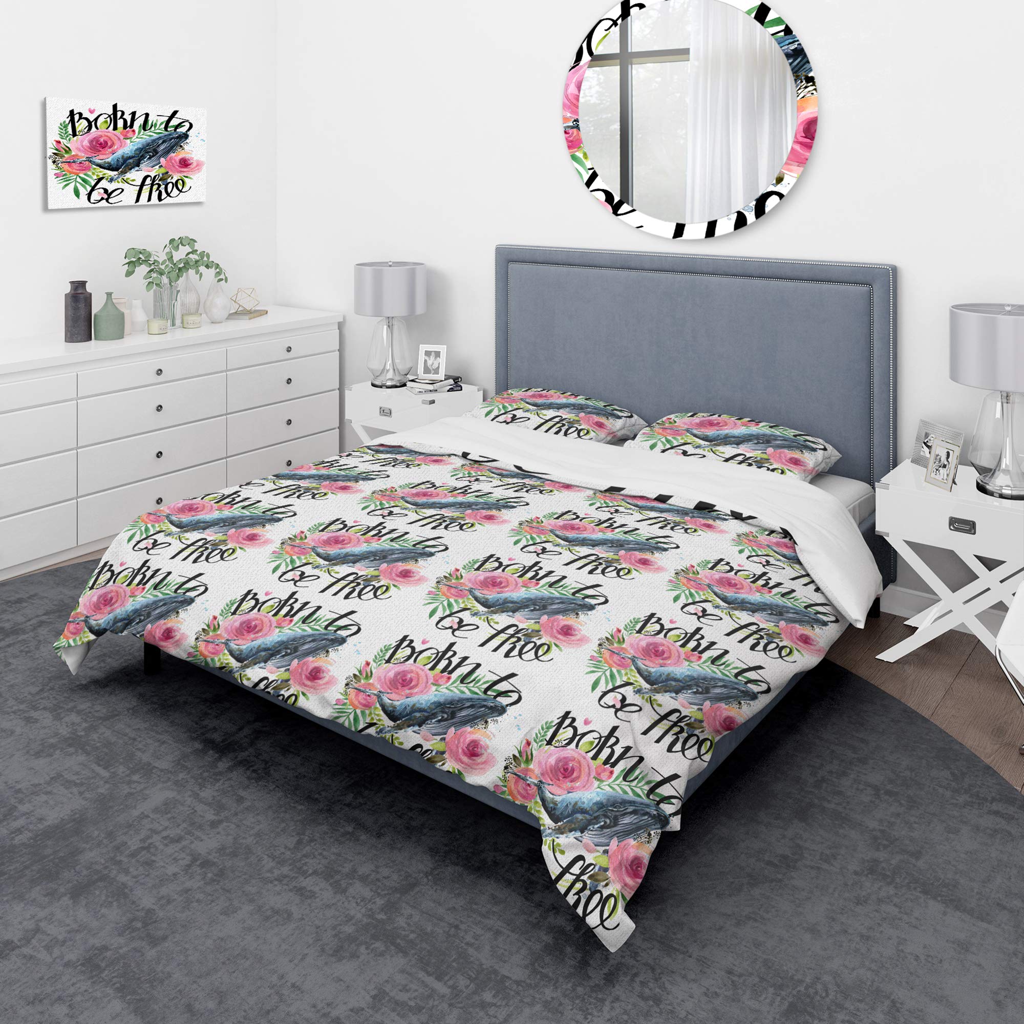 DesignQ Whale and Roses Traditional Duvet Cover Set - Queen Size White Floral Bedding (3-Piece) | All-Season Comfort for Master Bedroom & Guest Room Decor