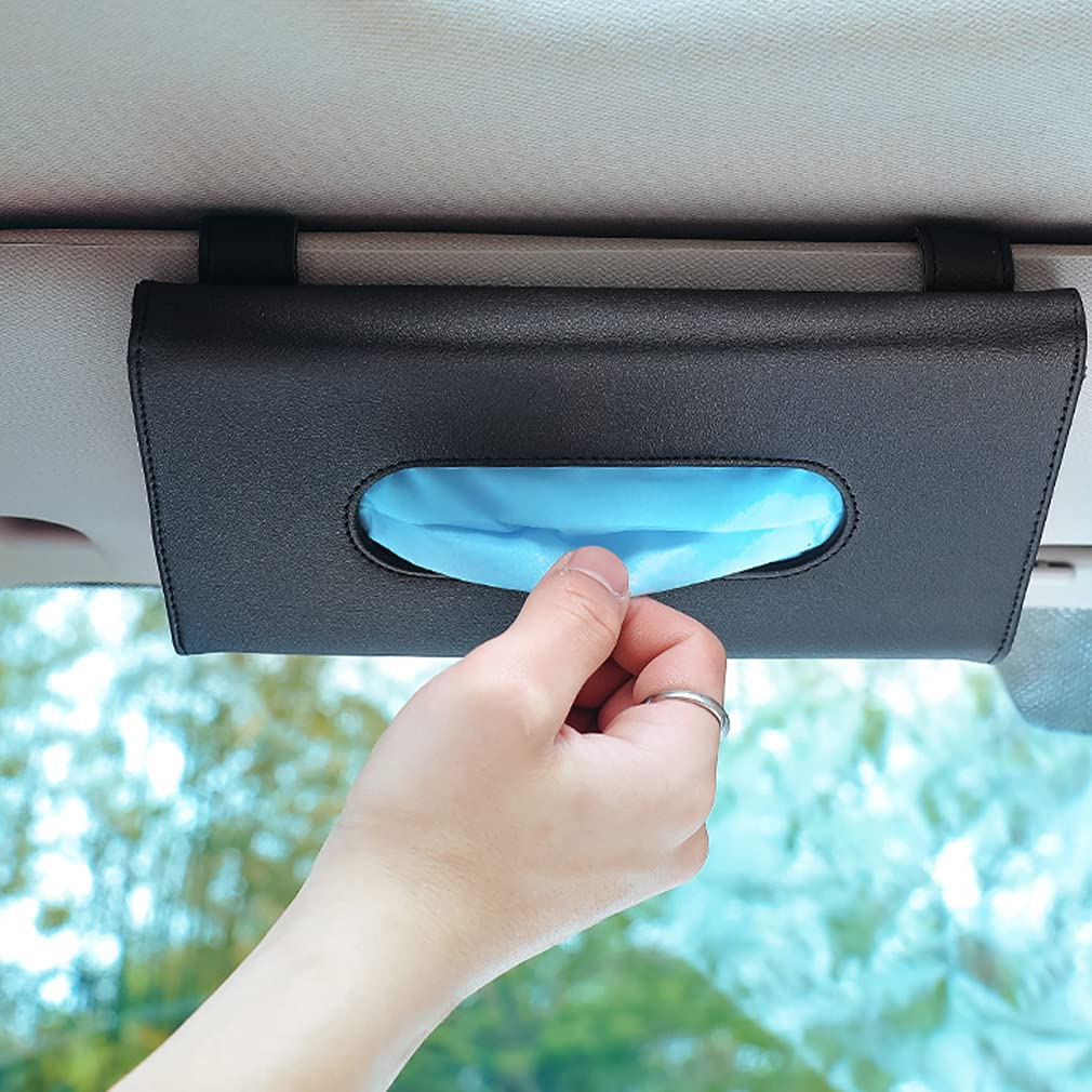 Premium Leather Car Visor Mask Holder & Tissue Dispenser - Dualshine Black Backseat Organizer for Face Masks, Wipes & Auto Accessories | Perfect for Travel, Commuting & Vehicle Hygiene