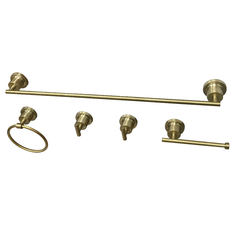 Concord Modern 5-Piece Bathroom Accessory Set in Satin Brass - Towel Bar, Robe Hook, Tissue Holder, Soap Dispenser & Toilet Paper Stand for Luxury Bathroom Decor