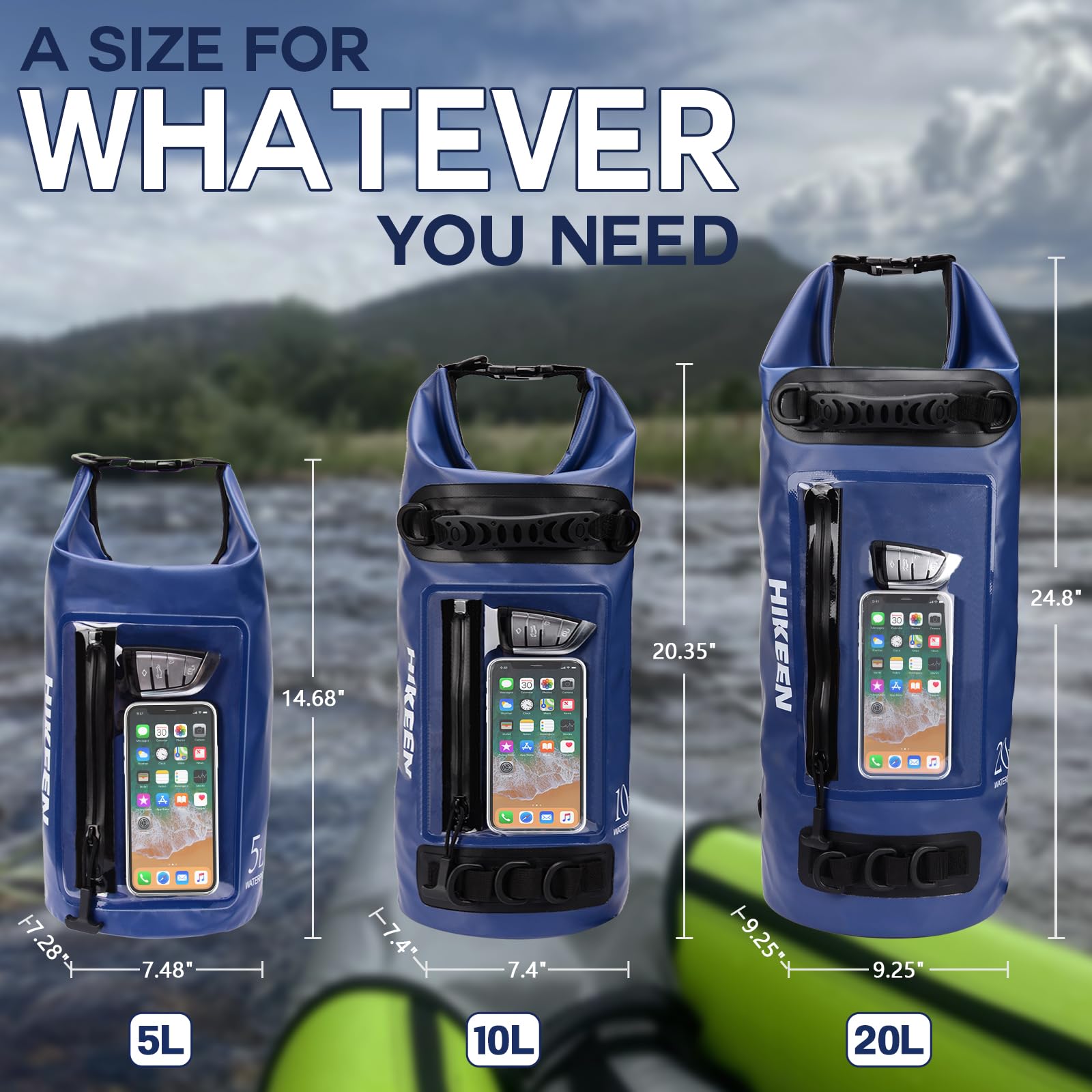 Hikeen IPX7 Waterproof Dry Bag 20L - Lightweight Roll Top Dry Backpack with Waterproof Zipper & Touch Screen Phone Case - Perfect for Kayaking, Boating, Camping, Beach & Rafting - Includes 3 D-Rings for Secure Gear Storage