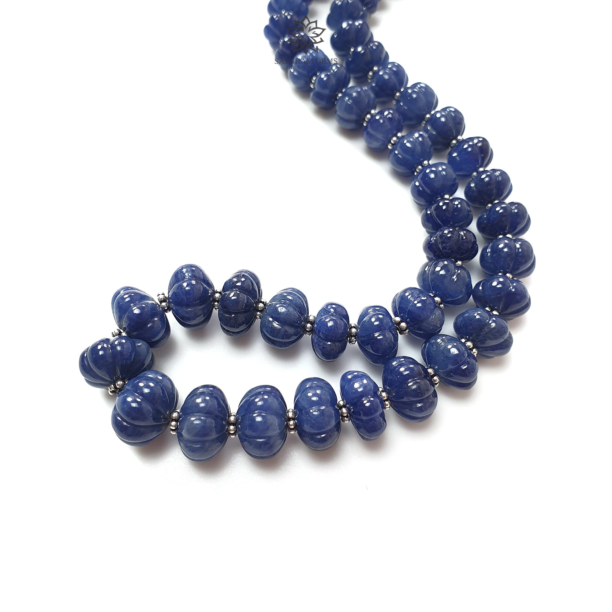 Natural Blue Sapphire Melon Pumpkin Beads - 394.50cts Hand-Carved 925 Sterling Silver Rondelle Beads (7mm-19mm) | Jewelry Making, DIY Crafts, Necklace & Bracelet Designs