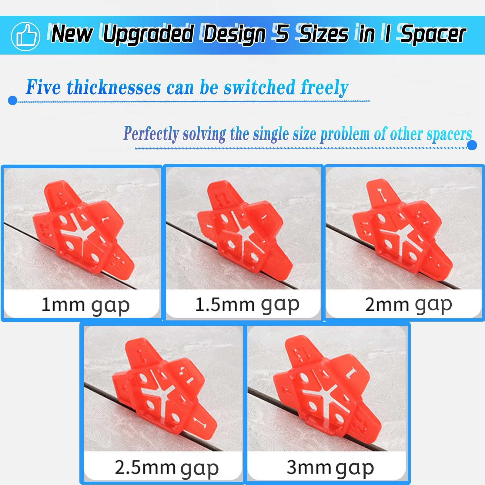 300pcs Reusable Plastic Tile Spacers - 5 Sizes in 1 (1-3mm) - U Shape Horseshoe Tile Leveling Spacers for Floor & Wall Tiles - Perfect for DIY Home Renovation, Bathroom & Kitchen Tiling Projects