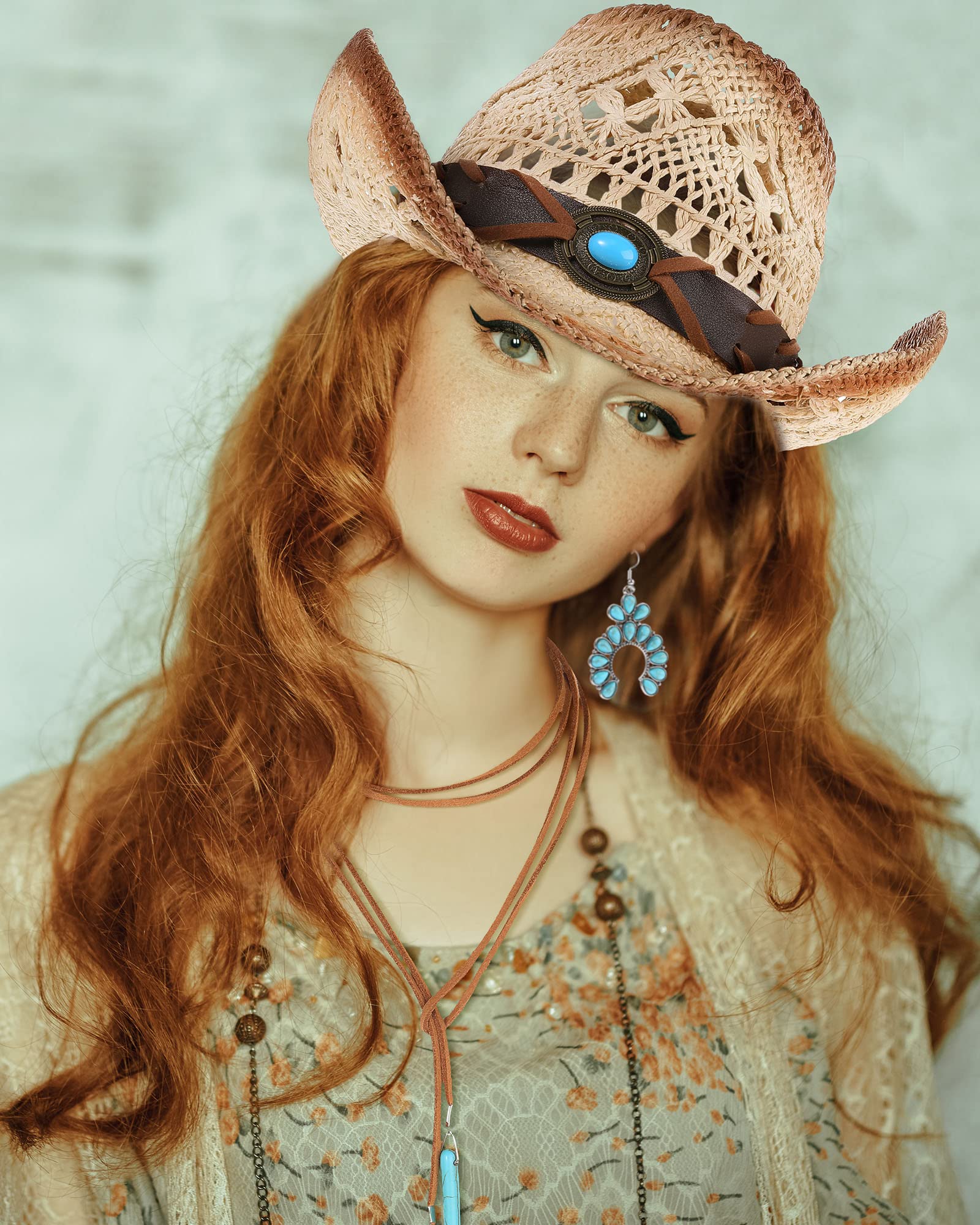 4 Pcs Bohemian Jewelry Set for Women - Vintage Turquoise Necklace, Bracelet, Earrings & Cowboy Hat - Perfect for Music Festivals, Beach Vacations & Boho Fashion