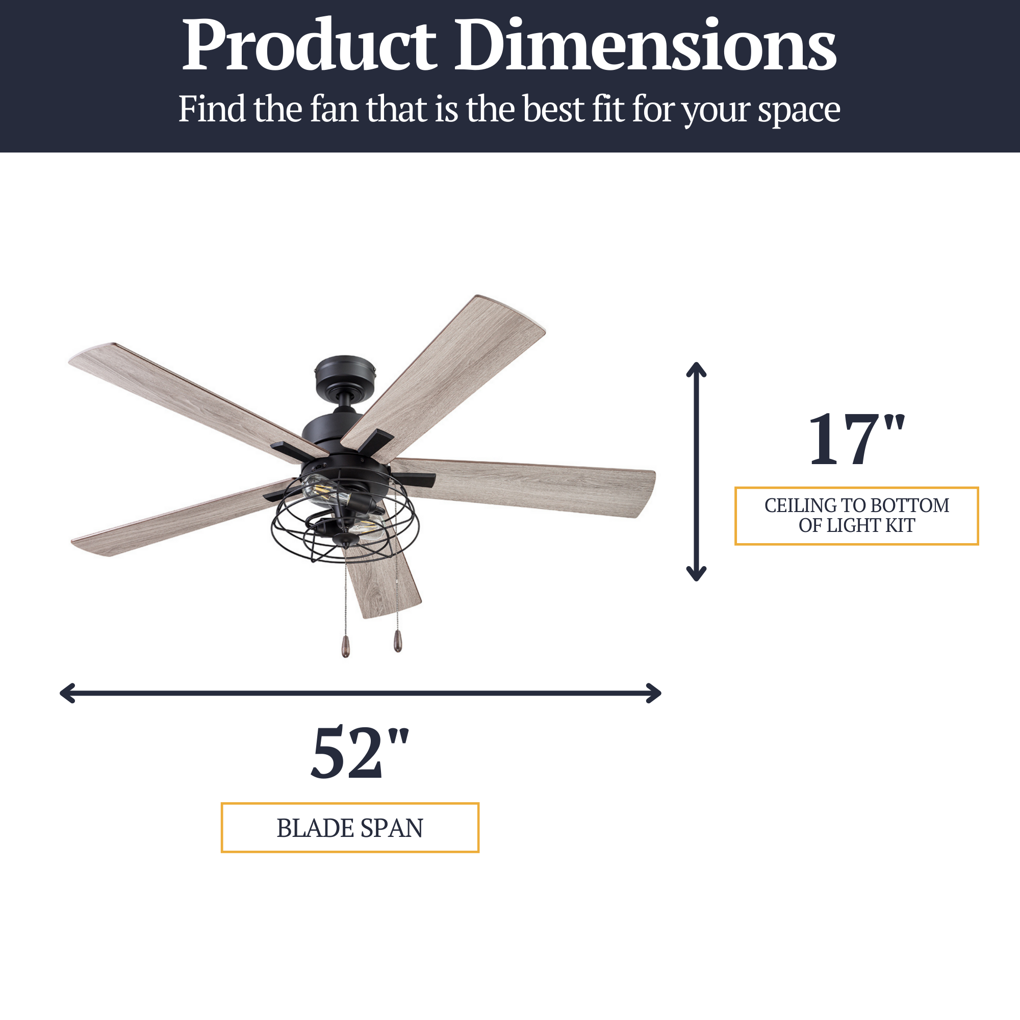52 Inch Matte Black Ceiling Fan with Pull Chain - Marshall Style - Perfect for Living Room, Bedroom, and Outdoor Patio