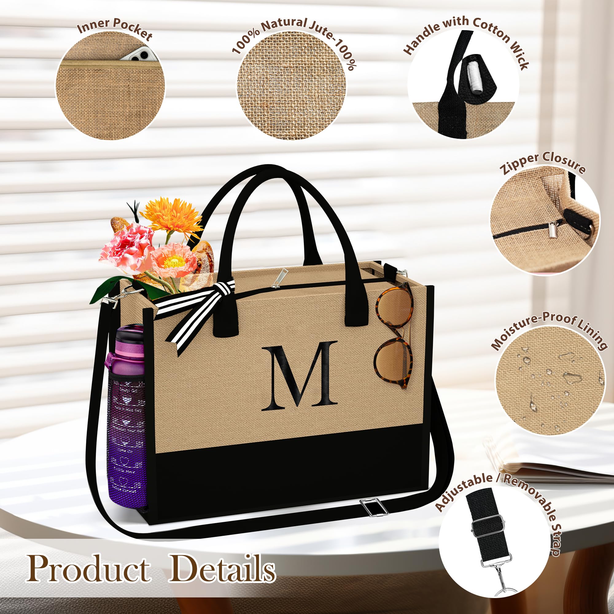 Personalized Jute Initial Tote Bag - Eco-Friendly Burlap Beach Bag for Women, Custom Monogrammed Teacher & Mom Gifts, Bridesmaid Present - Perfect for Beach Trips, Grocery Shopping & Everyday Use