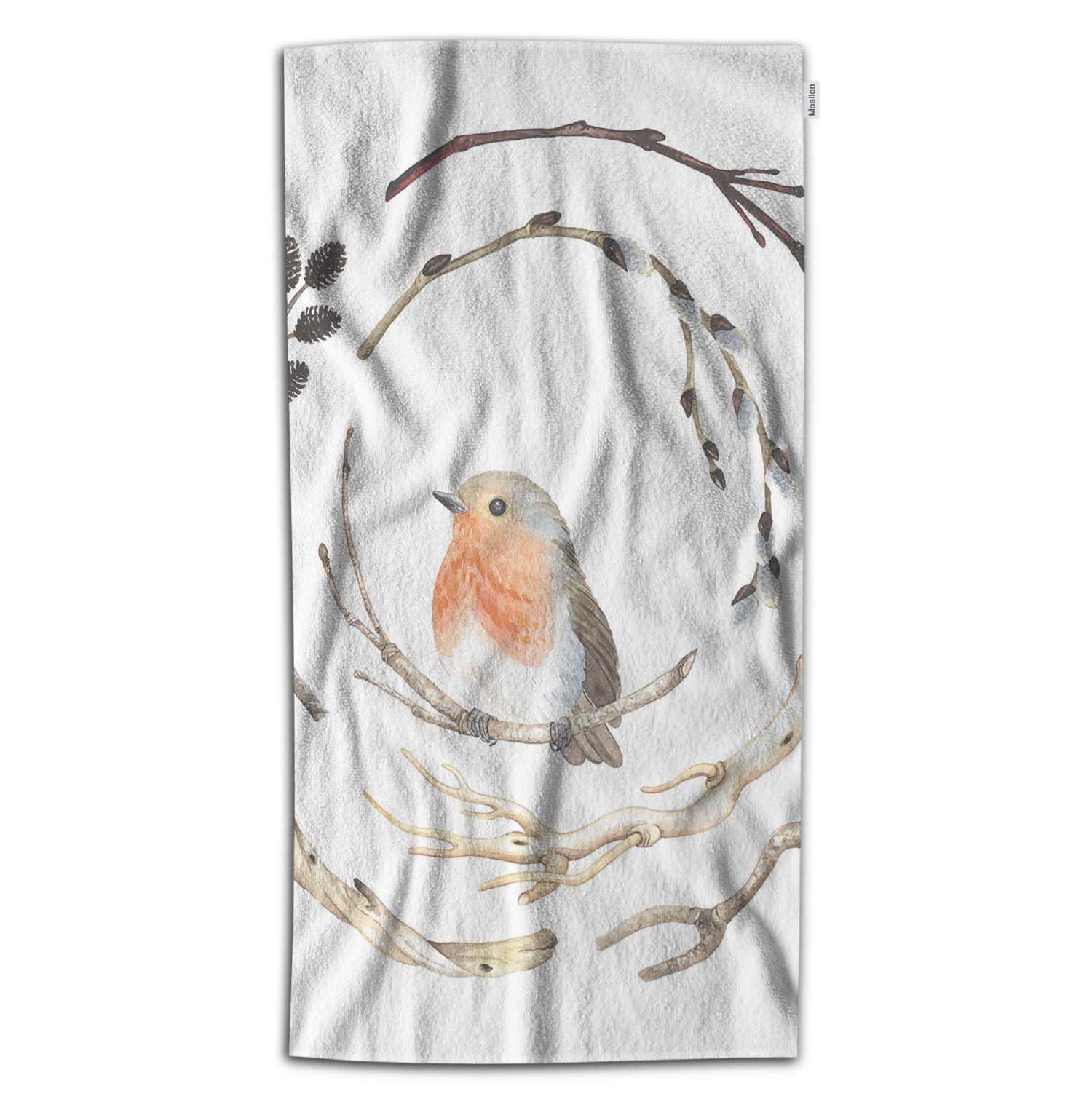 Moslion Soft Microfiber Bird Bath Towel - Cute Robin on Winter Tree Branch Design, 32x64 Inch Absorbent Beach & Bath Towel for Kids, Babies & Bathroom Decor | Perfect for Nursery, Pool Day & Cozy Winter Baths