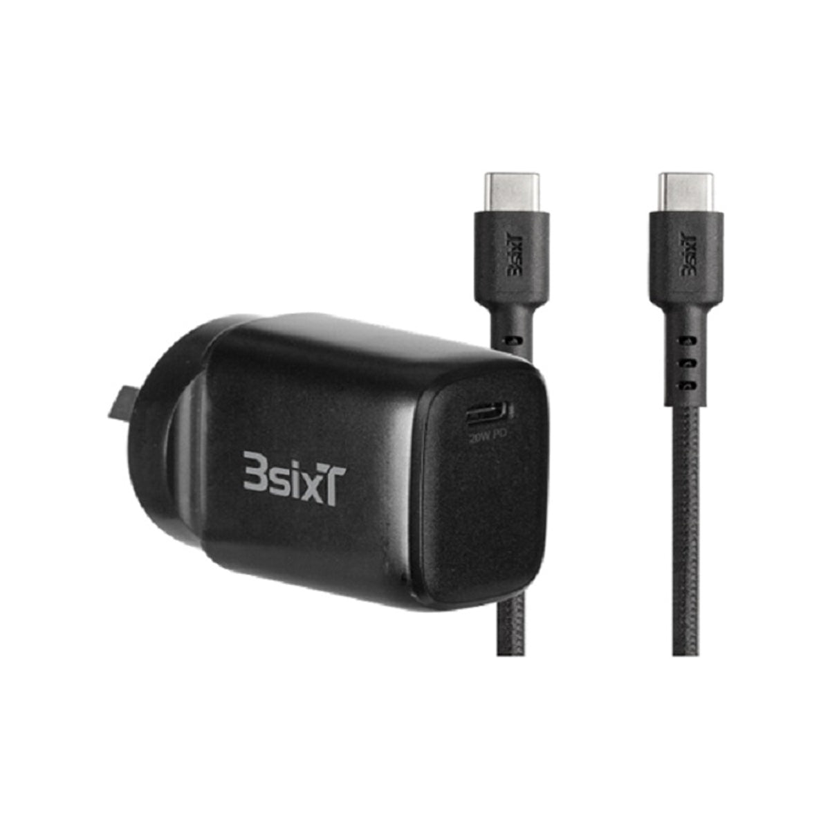 3sixT ANZ 20W USB C PD Fast Wall Charger with USB C to USB C Cable - Black | Compatible with iPhone 14/13/12, Samsung Galaxy, iPad Pro & More | Perfect for Travel, Home & Office Charging