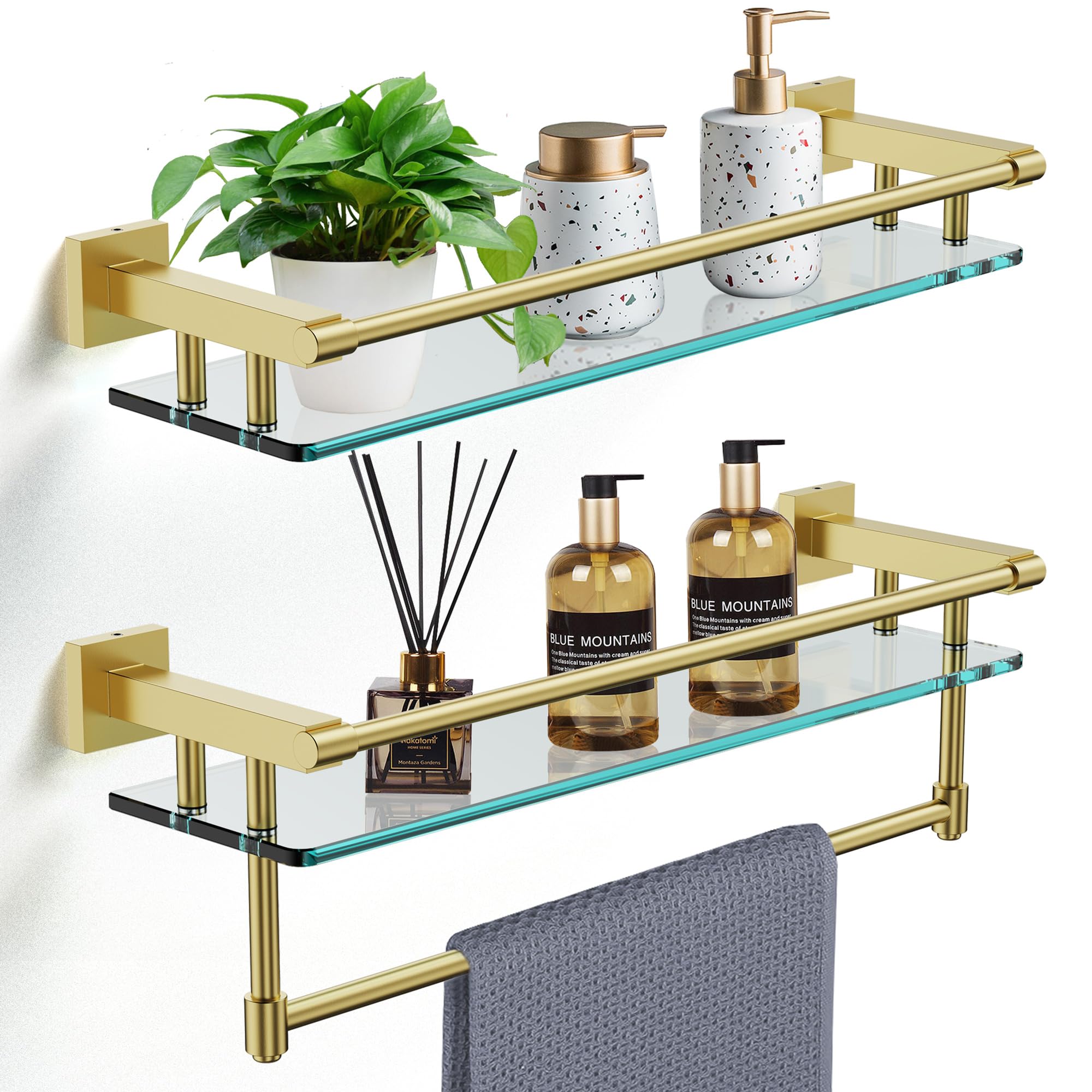 2 Pack 20IN Bathroom Glass Shelves - Stainless Steel Brackets & Tempered Glass - Modern Rectangular Storage Stand for Toilet Accessories (Brushed Gold) - Perfect for Shower Organizer, Spa Decor, and Bathroom Wall Mount