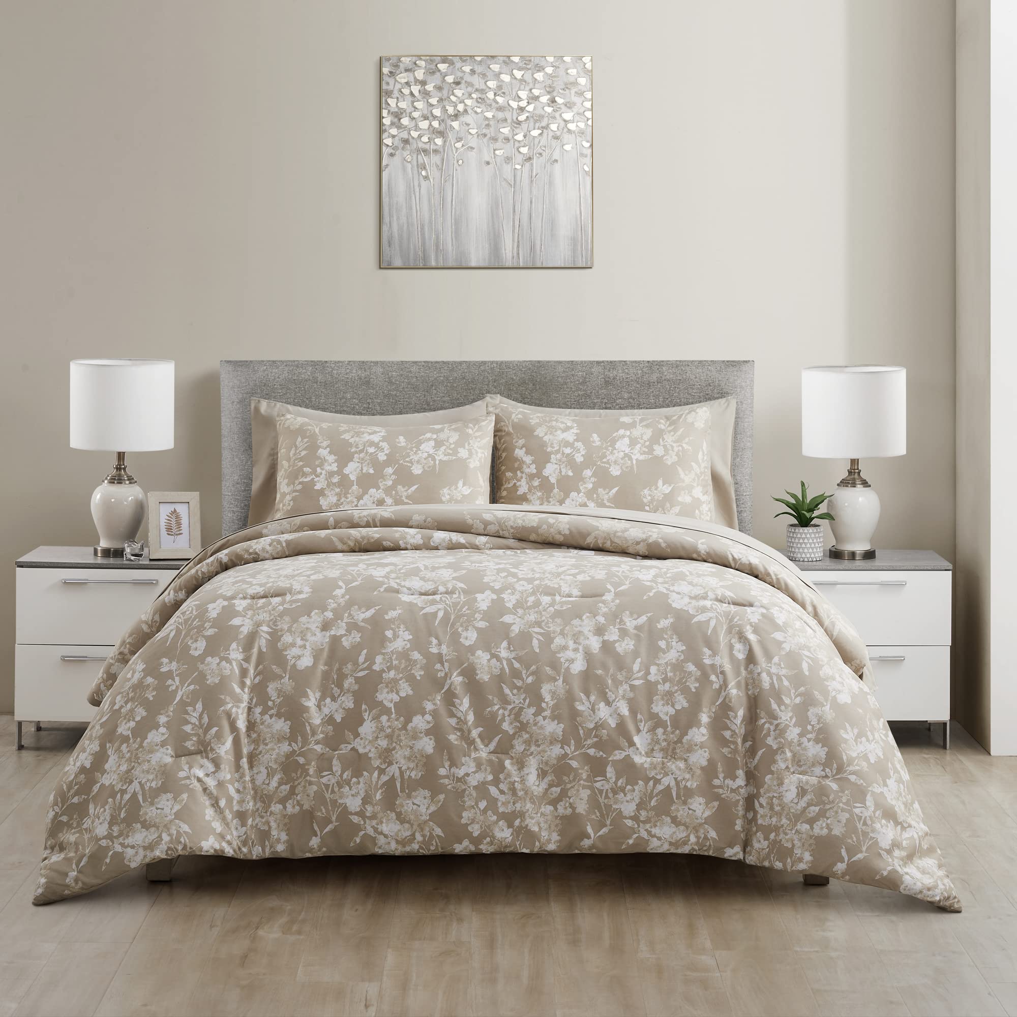 Queen Size Floral Comforter Bedding Set - 7 Piece Lightweight All Season Bed-in-a-Bag with Sheets (Khaki) | Perfect for Guest Rooms, Master Bedrooms & Cozy Home Decor