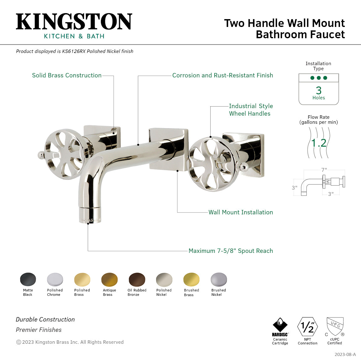 Belknap KS6123RX Double Handle 3 Hole Wall Mount Bathroom Faucet in Antique Brass - Perfect for Vintage Style Bathrooms, Powder Rooms, and Luxury Spa Retreats