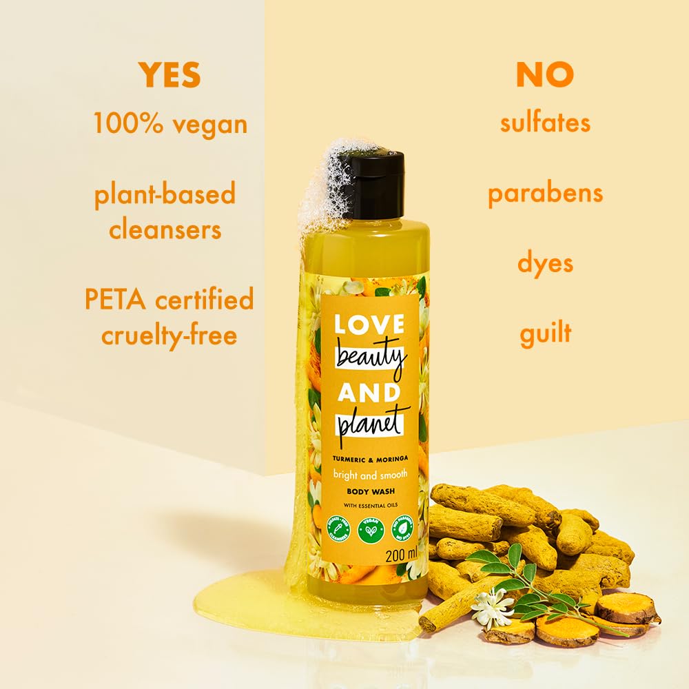 Love Beauty & Planet Turmeric & Moringa Brightening Body Wash - Natural Shower Gel for Glowing Skin, 200ml | Hydrating & Illuminating Skin Care for Daily Use, Perfect for Morning & Night Routine