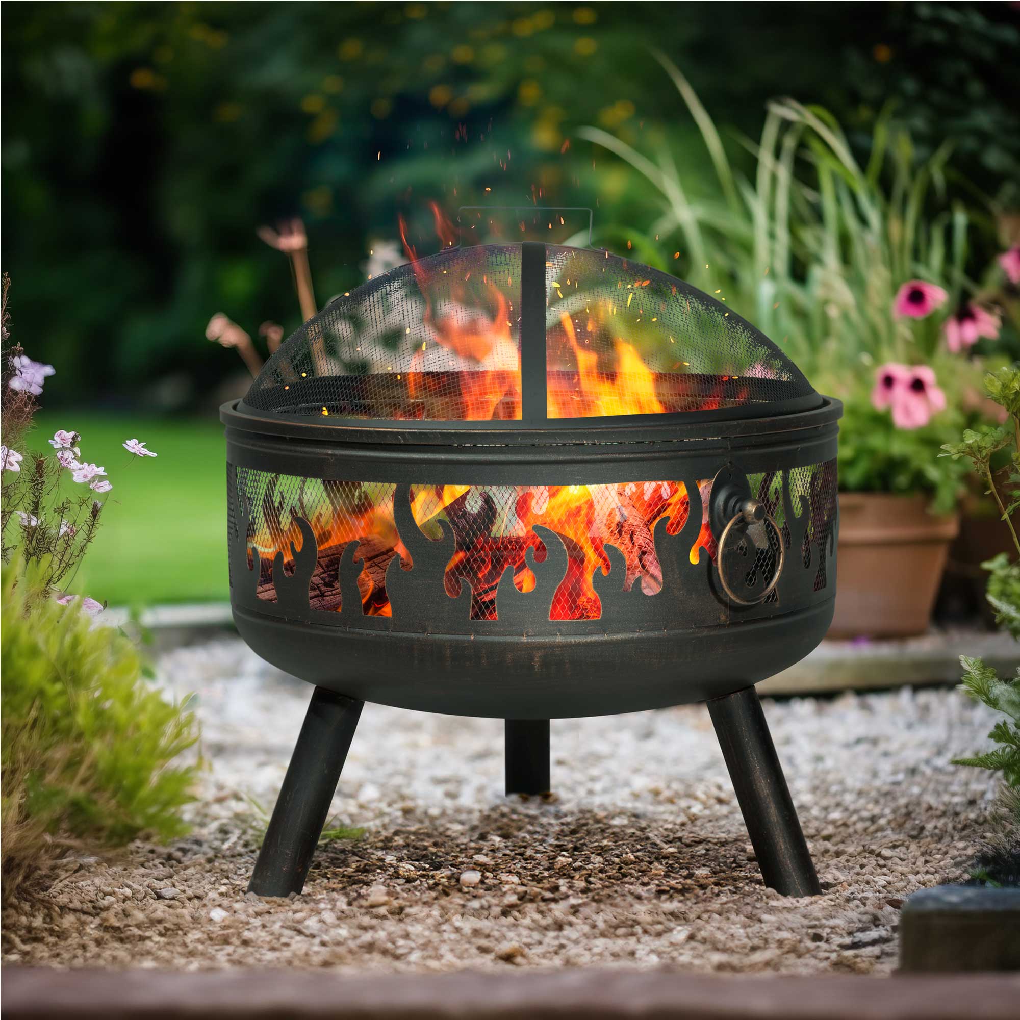 Premium Outdoor Fire Pit with Cooking Grill - Heavy Duty Steel Fireplace for Patio, Backyard & Camping - Includes Safety Screen & Poker - Perfect for BBQs, Gatherings & Cold Nights