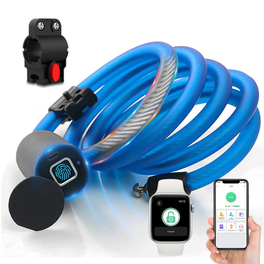 eLinkSmart Keyless Combination Bike Lock - 150cm Waterproof Steel Cable Lock for Bicycles, Scooters, Motorcycles | Fingerprint Unlock via Phone App (iOS/Android) | Perfect for Outdoor Cycling, Commuting & Home Security