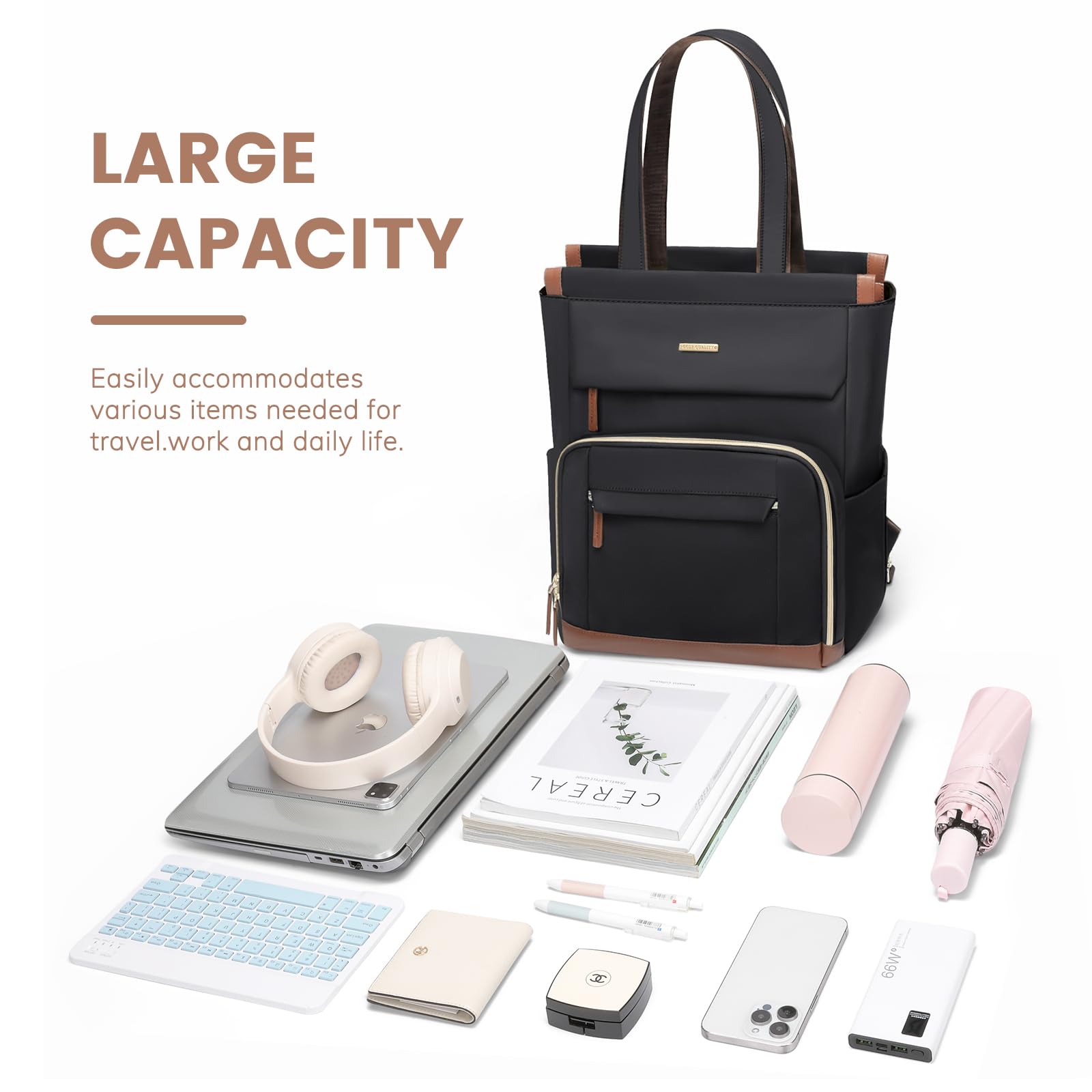Convertible Laptop Backpack for Women & Men - 16Inch Black Daypack for Work, Travel & College
