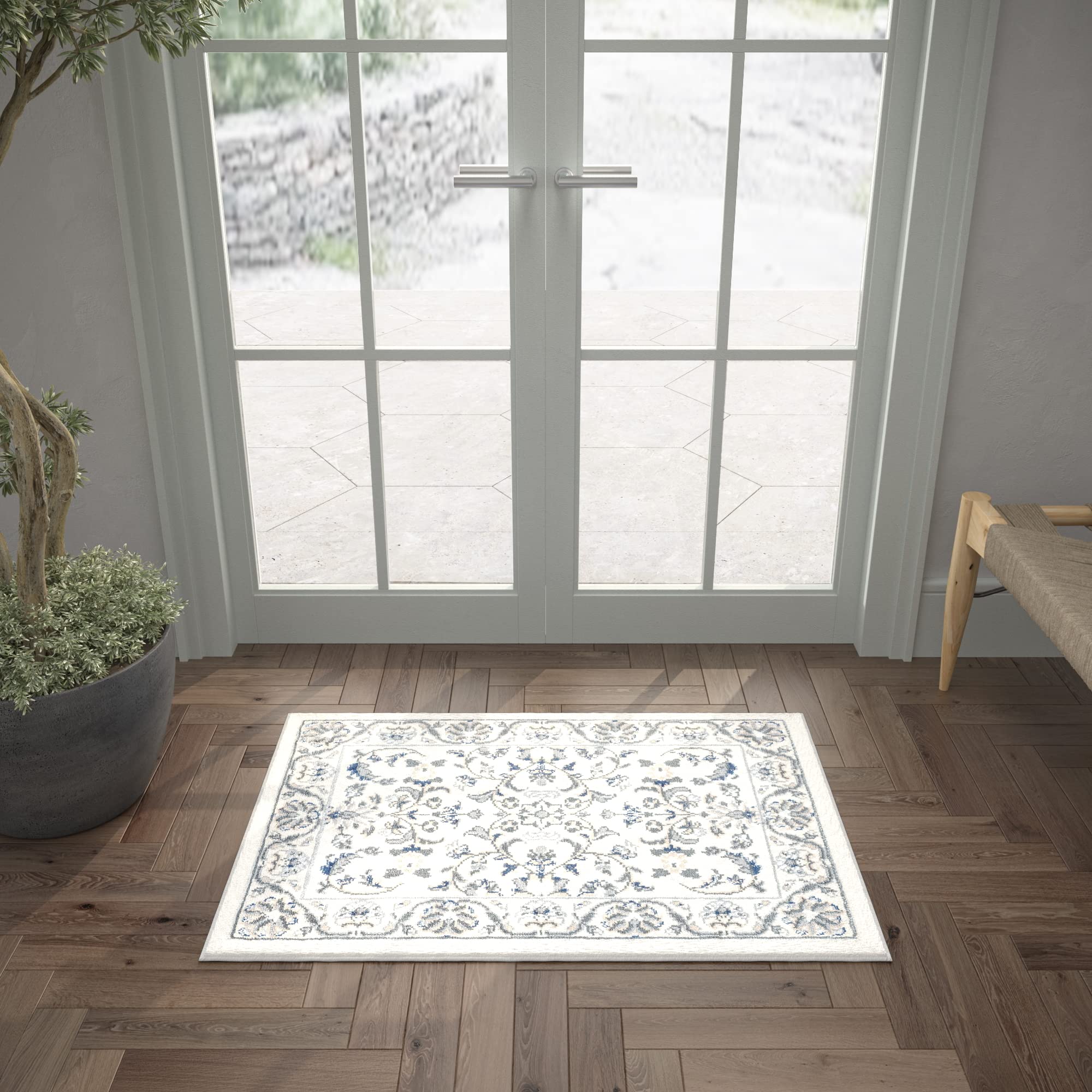 2x3 Cream Entryway Rug - Non-Slip Indoor Front Door Mat - Small Area Rug for Kitchen, Bathroom & Living Room - Modern Contemporary Carpet for Home Decor