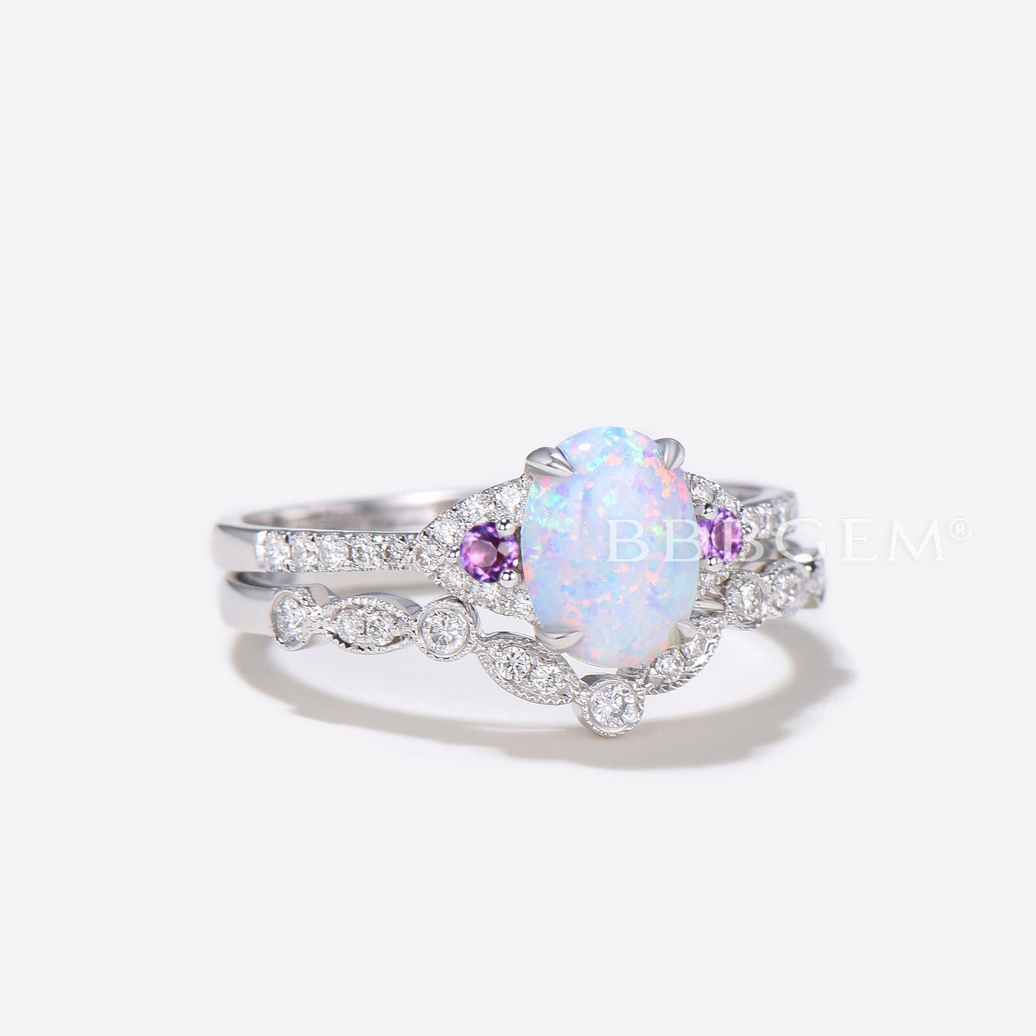 Vintage Art Deco Oval Opal Diamond Engagement Ring for Women - 14K Rose Gold Wedding Band with Amethyst Accent - Perfect for Proposals, Anniversaries & Special Occasions