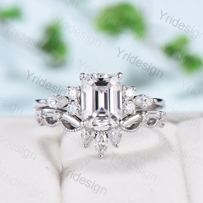 2Pcs 6x8mm Dory Emerald Cut Moissanite Engagement Ring Set - Wedding, Proposal, Anniversary Jewelry Gift for Her
