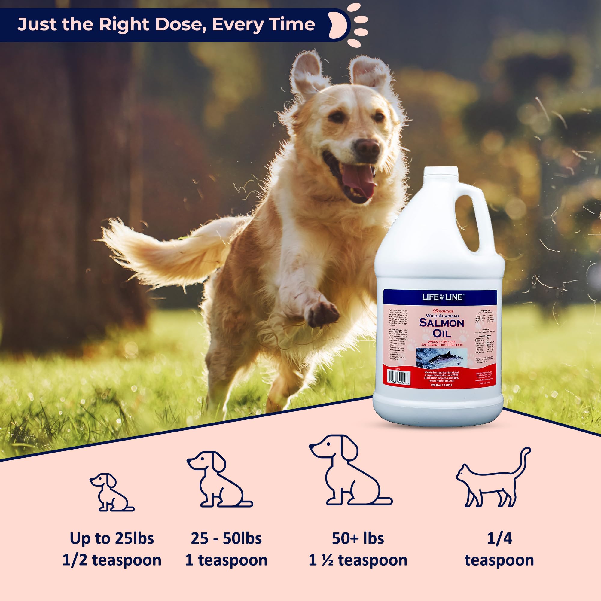 Life Line Pet Nutrition Wild Alaskan Salmon Oil Omega-3 Supplement for Dogs & Cats – Supports Skin, Coat, Brain, Eye & Heart Health – 128 oz – Ideal for Daily Pet Wellness & Allergy Relief