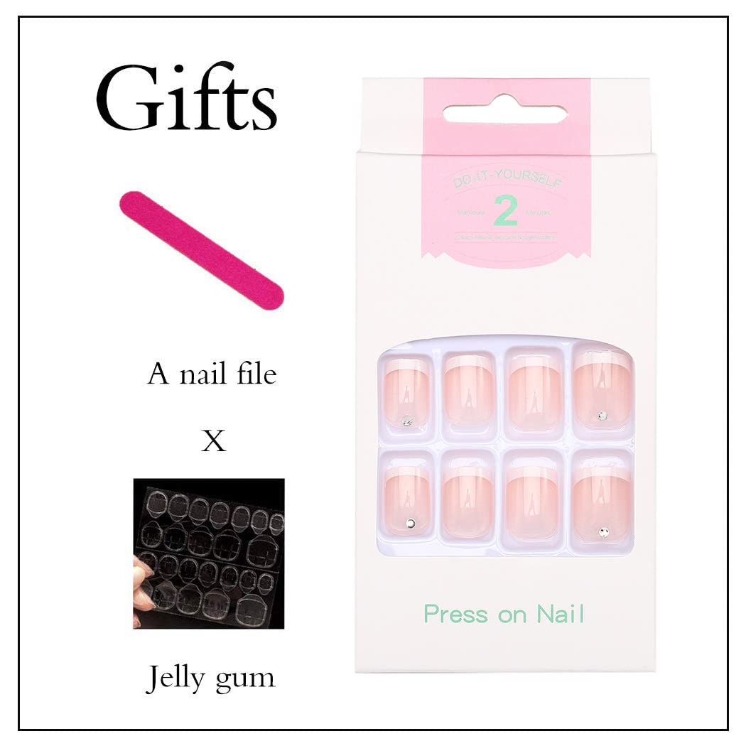 Uranian French Press on Nails - White Short Square Fake Nails with Rhinestones, Transparent Glossy Acrylic Full Cover False Nails for Women & Girls (24pcs) - Perfect for Parties, Weddings, and Special Occasions