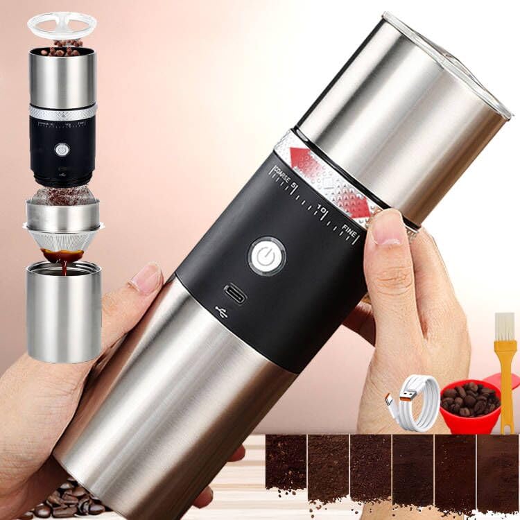 Premium Portable Electric Conical Burr Coffee Grinder - USB Rechargeable Stainless Steel Spice & Bean Grinder with 15 Adjustable Settings (Black) | Perfect for Home, Office & Travel Coffee Brewing