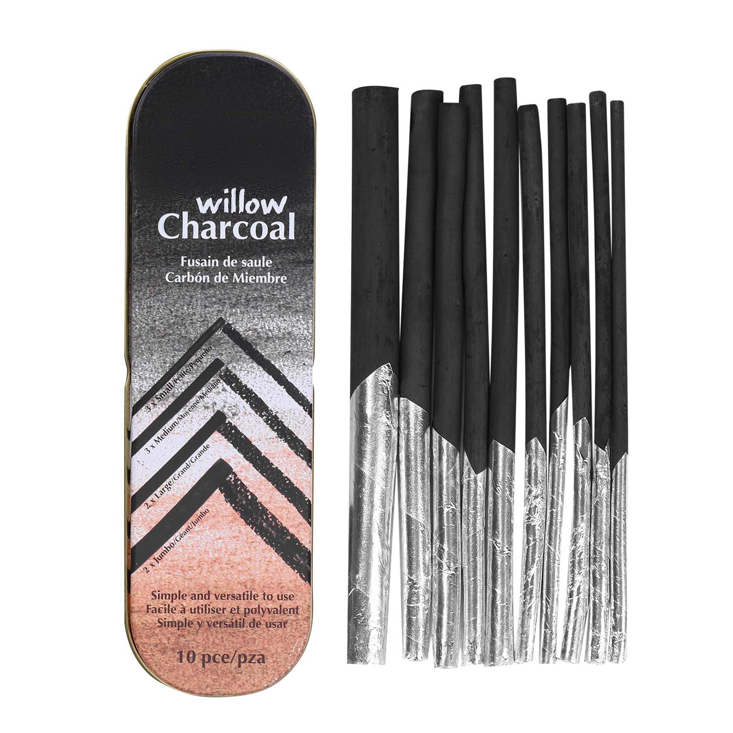 Premium Willow Sketch Charcoal Sticks - 10-Pack Black Charcoal Pencils for Artists, Students & Beginners - 4 Sizes (4.5-9mm) for Drawing, Sketching, Shading & Blending - Perfect for Portraits, Still Life & Figure Drawing - Comes in Durable Metal Case
