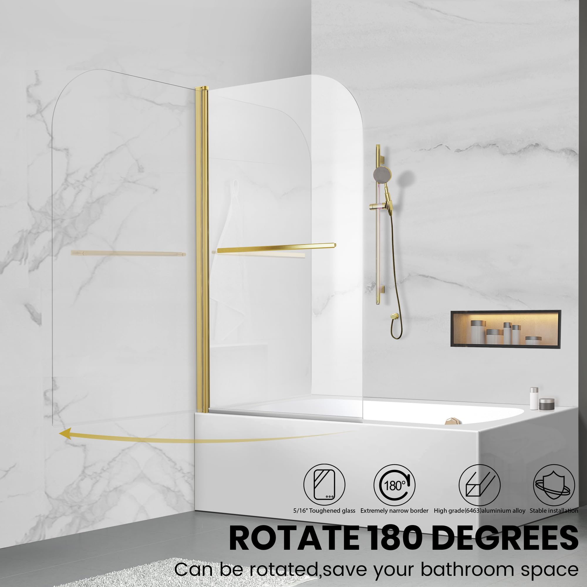 Frameless Shower Door 34x58 Inch - Brushed Gold Tempered Glass (6mm) Bathroom Tub Enclosure with Handle - Perfect for Modern Bathrooms & Spa-Like Showers