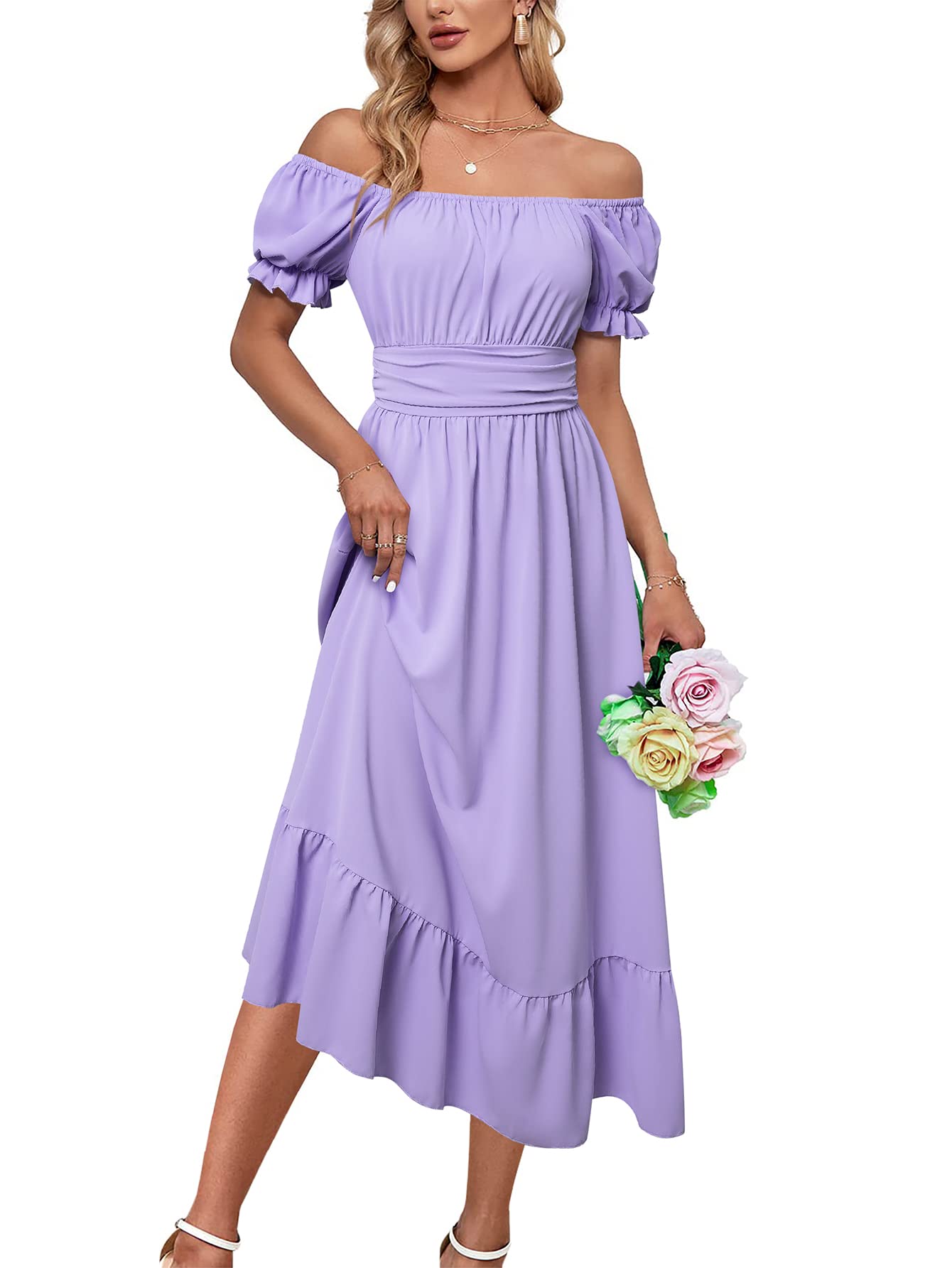 BIUBIU Women's 2023 Summer Midi Dress - Tie Back Short Sleeve Off Shoulder Cocktail Dress for Wedding Guest, Casual Wear & Beach Vacation | Flowy Sun Dress for Parties, Date Night & Outdoor Events