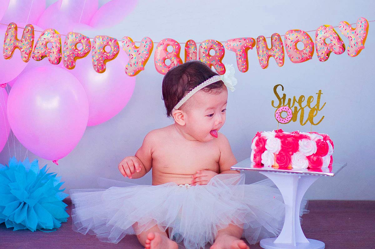 Happy Birthday Donut Banner - Pink Donut Party Decorations & Supplies for Birthday Celebrations, Baby Showers, and Donut-Themed Parties