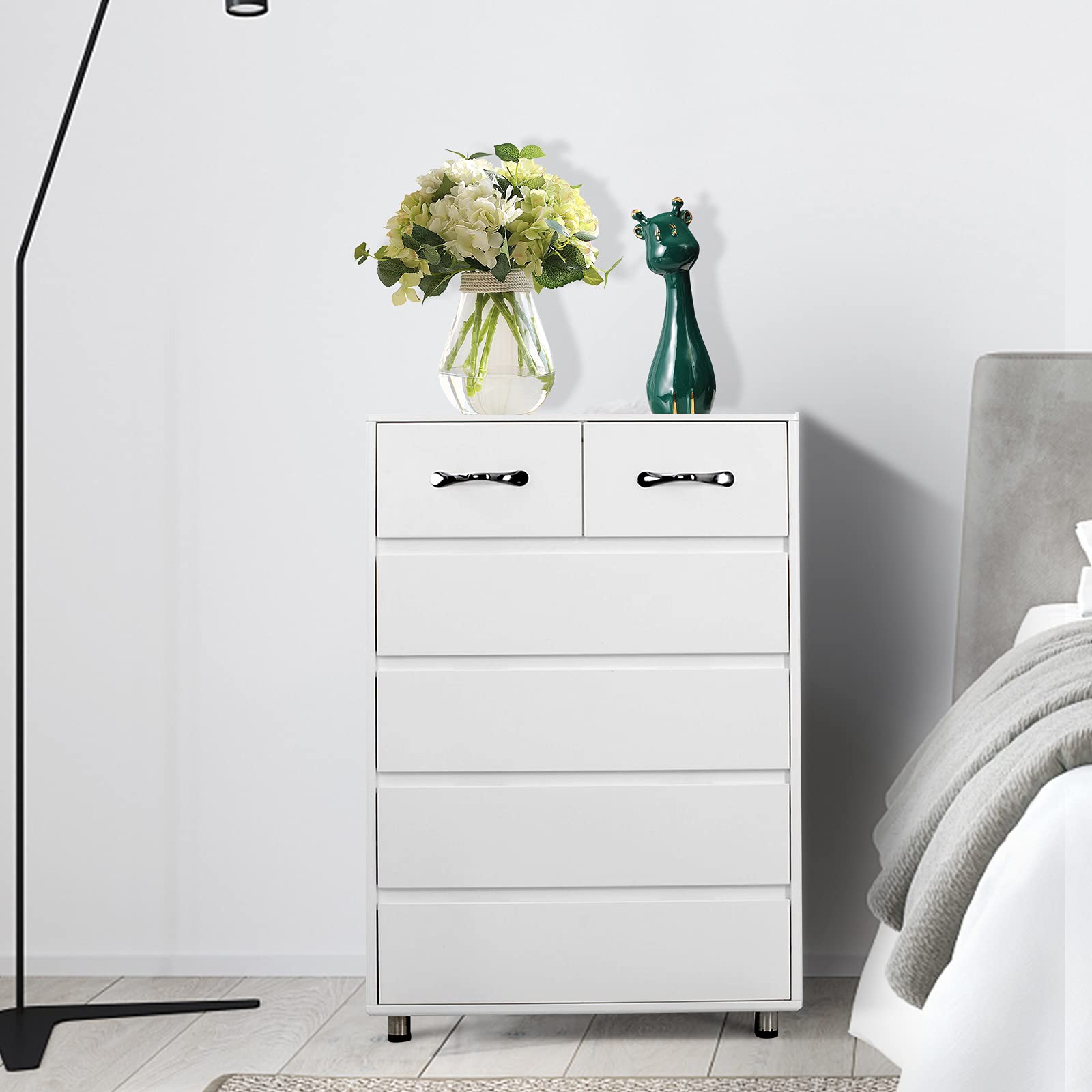 6-Drawer Wooden Dresser Organizer with Handles & Metal Feet - Tall Chest Storage Cabinet for Clothes, Bedroom, Nursery & Office - White