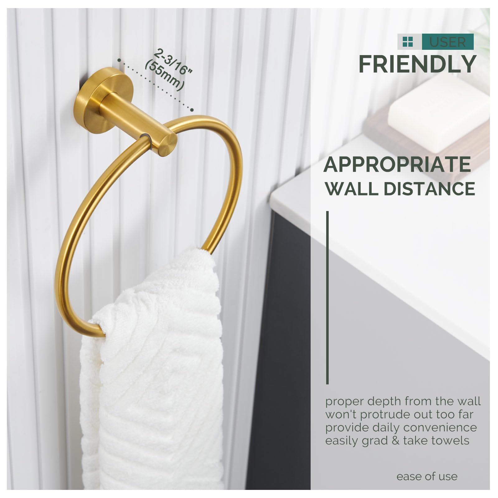 Brushed Gold Towel Ring - Angle Adjustable SUS304 Stainless Steel Wall Mounted Towel Holder - Modern Bathroom Accessory for Hand Towels, Washcloths & Spa Decor