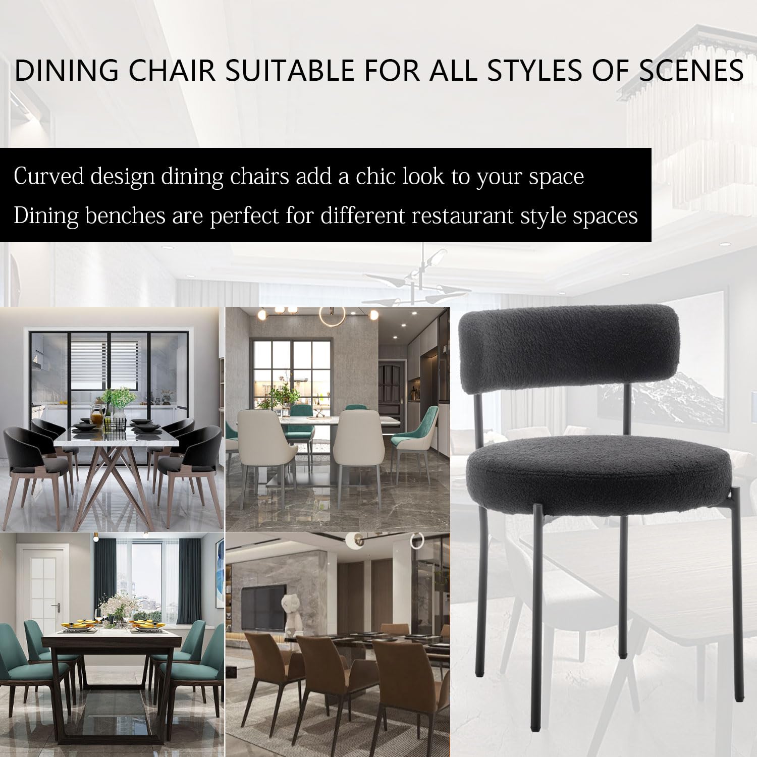 Boucle Dining Chairs Set of 4 - Round Upholstered Modern Chairs with Black Metal Legs for Dining Room, Kitchen, Living Room, Office, and Small Spaces (Black)