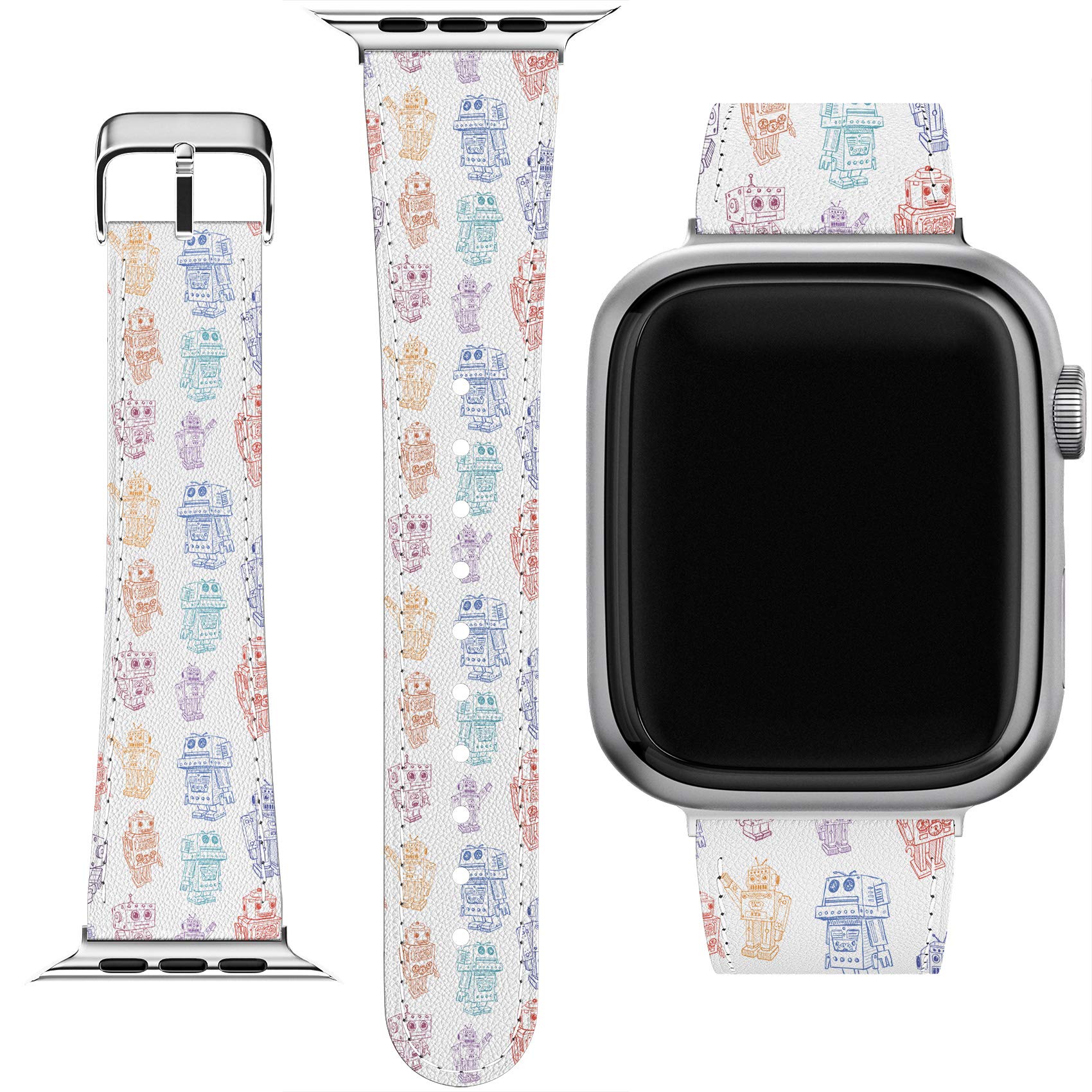 Compatible Wrist Band for Apple Watch Series 7/6/5/4/3/2/1/SE & Matching Phone Case - Cute PU Leather Strap with Robot Character Graphic Print (38-40-41-42-44-45mm) - Perfect for Kids, Daily Wear, and Tech Accessories Lovers